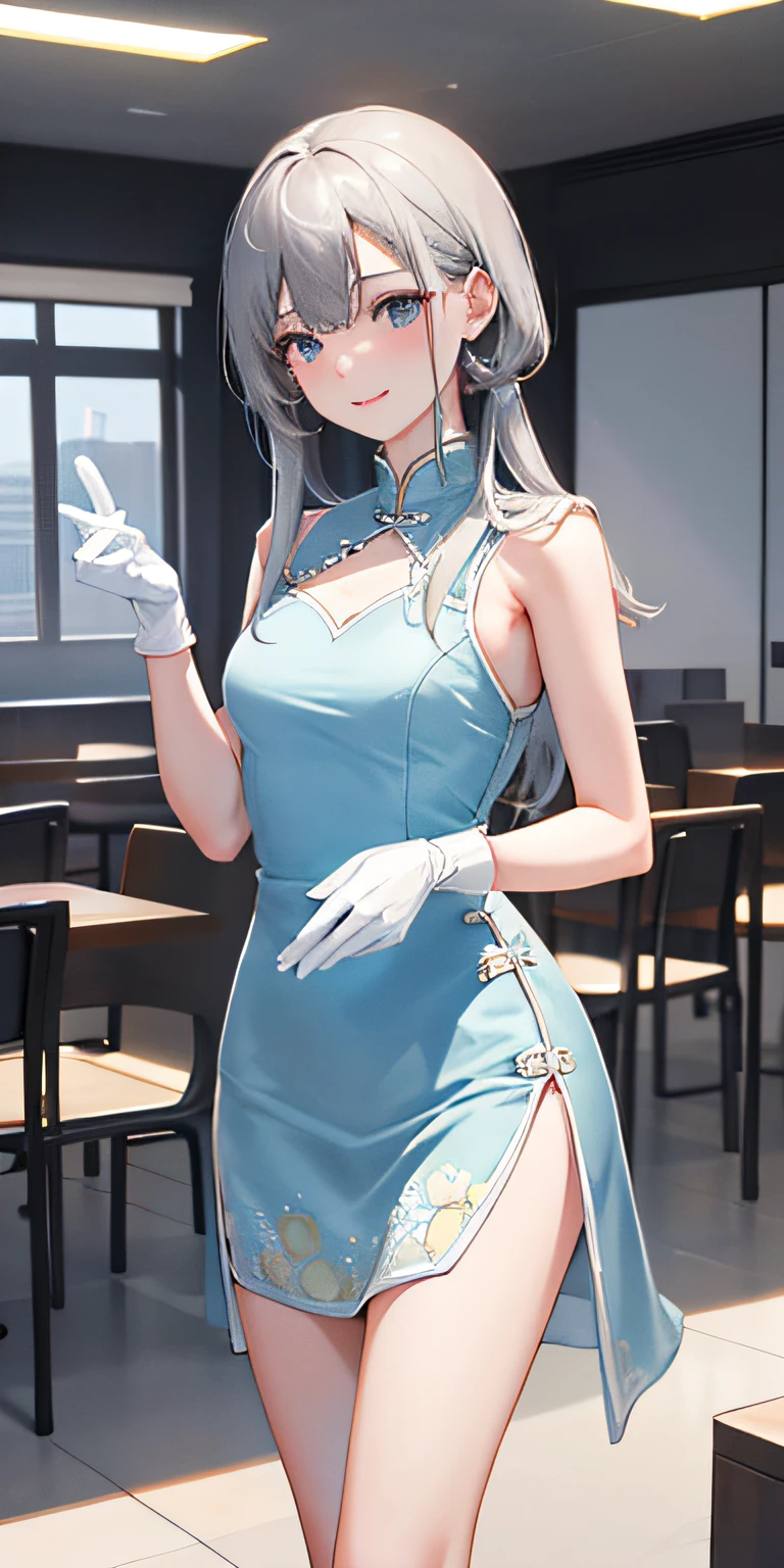"(8K,RAW photogr,best qualtiy,tmasterpiece:1.2),realisticlying,Photorealistic and realistic:1.37,3Drenderingof,Octane rendering,1 Chinese girl,delicate leg,White gloves,Stand up,office room,ssmile,Long gray hair,Light blue dress,the night,warmly lit,(Vivid projections)"。