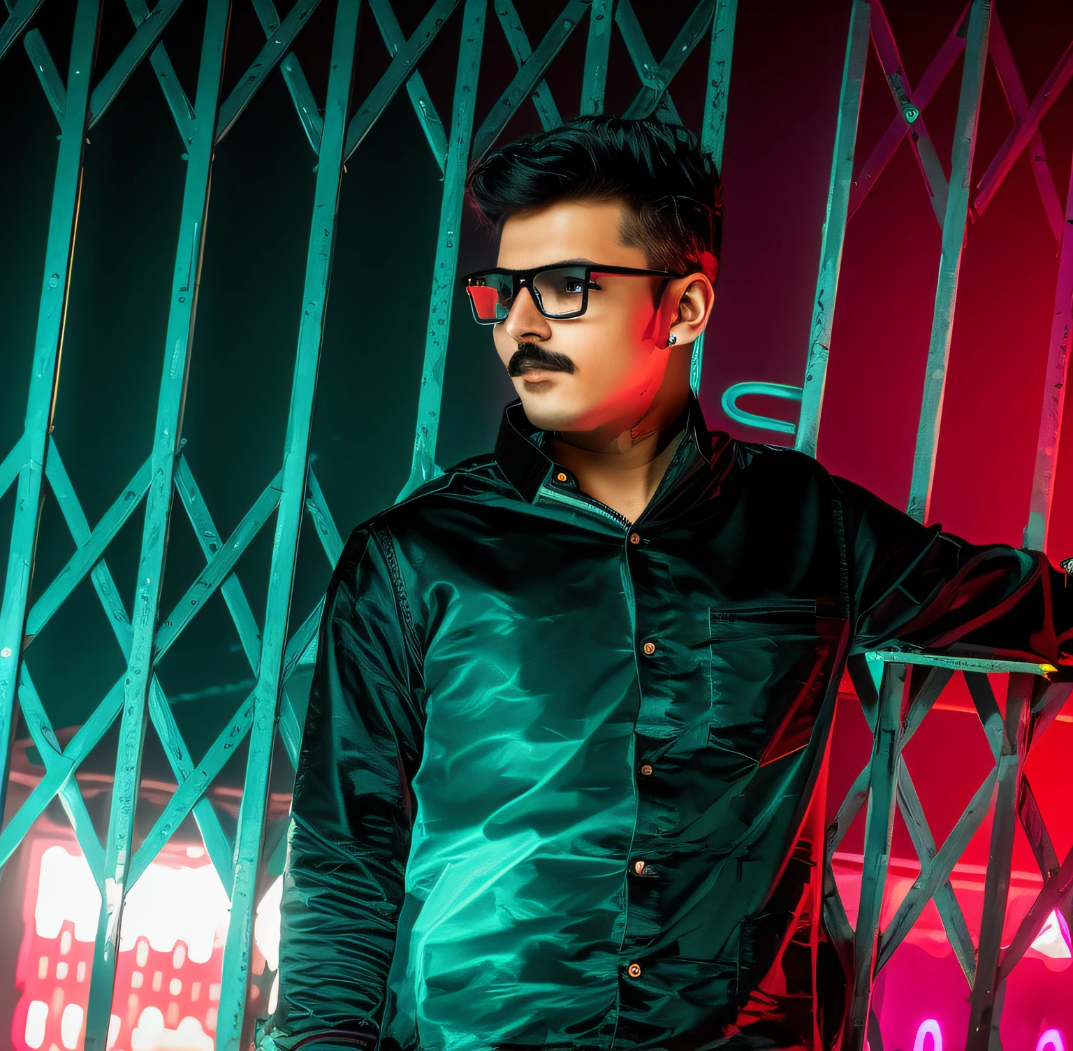a cyberpunk boy with black glasses and small hairs moustache
