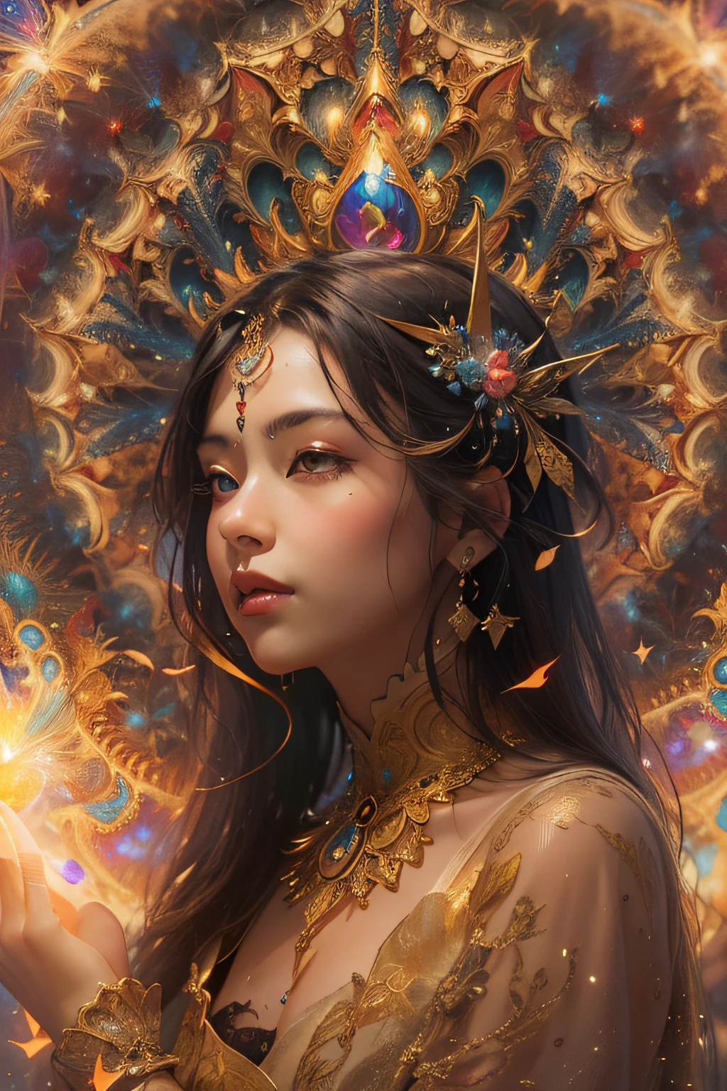 Beautiful latino woman、full body Esbian、looking at the viewers、Symmetrical and、Close your eyes、slight smile、Spitarian awakening、intricate-detail、
cosmic、Ethereal、Mystical、Complex environments、Brush Stoke、illuminating、
(Fractal Art:1.5)、(glint)、(spark of light)、masterpiece、超A high resolution、hightquality、