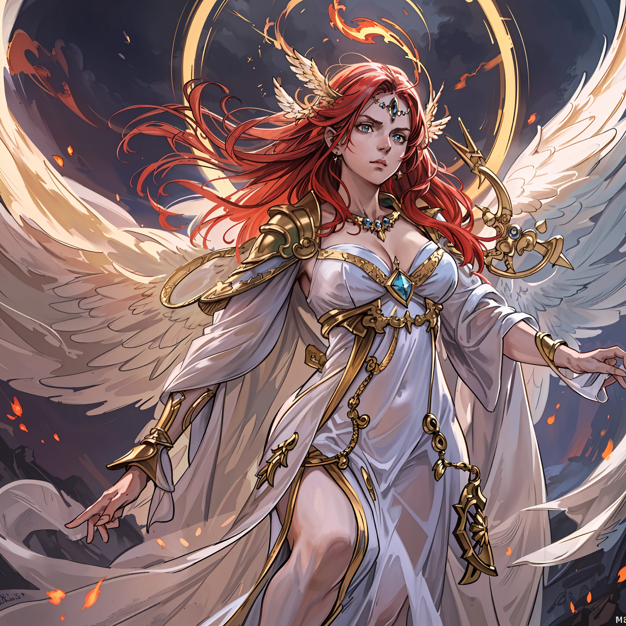 8k, ultra detailed, masterpiece, best quality, (extremely detailed), arafed, dnd art, panoramic view, full body, aasimar sorceress casting a flaming spell, aasimar, female, (Masterpiece 1.3, intense details), female, sorceress, casting flaming spell (Masterpiece 1.3, intense details) large angelic wings, azure angelic wings spread (Masterpiece 1.3, intense details), fantasy magical background (Masterpiece 1.5, intense details), moon, stars, clouds, wearing white robe, flowing robe (Masterpiece 1.3, intense details), high heeled boots (Masterpiece 1.3, intense details), armed with staff, red hair, green eyes, intense eyes, feminine, ultra detailed face, (Masterpiece 1.5, best quality), anatomically correct (Masterpiece 1.3, intense details), determined face, divine light, cinematic lighting, soft light, silhouette, photorealism, panoramic view (Masterpiece 1.3, intense details) , Wide-Angle, Ultra-Wide Angle, 8k, highres, best quality, high details