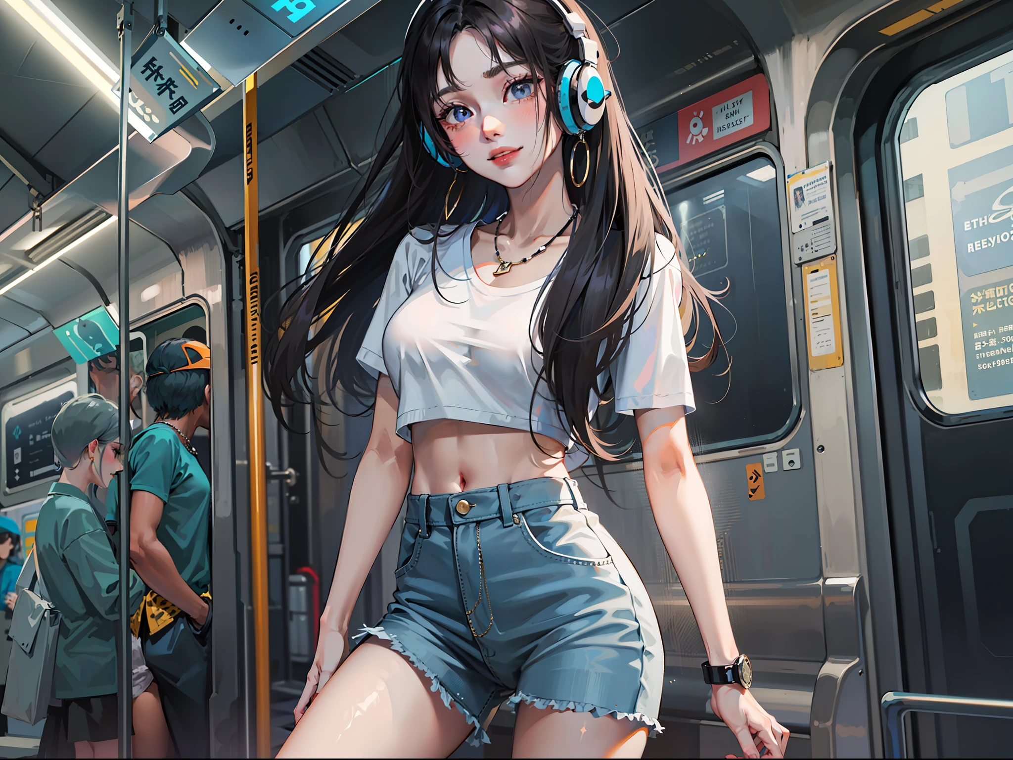 (Best quality, 8k, masterpiece), (a pretty girl, long pure black hair, Hime hairstyle, hair edges are very neat, big eyes: 1.4, long eyelashes, delicate makeup: 1.4, sexy lips, blush), (delicate watches, delicate necklaces, large earrings), (caught in the subway train, riding the subway, standing), (fashionable outfit, leopard print shorts on the outside, white T-shirt on the inside, Nike, black fashion sunglasses hanging on the clothes), (medium chest, stiff), ( Black Oil Glossy Clear Pantyhose), (High-waisted Skirt), Light Ripen, Royal Sister, Best Light, Best Shadow, Movie Lighting, 28 Years Old, 1girl, Acura, (Real Skin, Supple Skin) Ray Tracing, Unreal Engine 5, Reflective Skin, Digital Illustration, Game CG Characters, Supermodel, (Kpop, idol), (Body Edge Light, Colored Light Sources Around), Wind Blowing Hair, Listening to Songs with Headphones, (Looking at the Camera with a shy smile, happy expression), (thin waist, wide hips, fitness figure, buttocks), close-up
