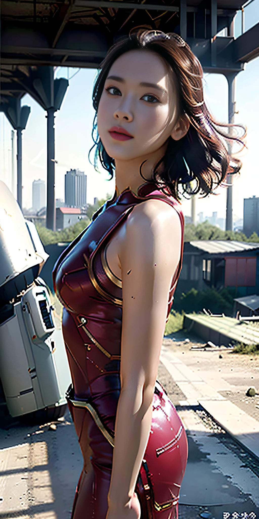 RAW, Masterpiece, Ultra Fine Photo,, Best Quality, Ultra High Resolution, Photorealistic, Sunlight, Full Body Portrait, Stunningly Beautiful,, Dynamic Poses, Delicate Face, Vibrant Eyes, (Side View) , she is wearing a futuristic Iron Man mech, red and gold color scheme, highly detailed abandoned warehouse background, detailed face, detailed and complex busy background, messy, gorgeous, milky white, high detailed skin, realistic skin details, visible pores , sharp focus, volumetric fog, 8k uhd, dslr camera, high quality, film grain, fair skin, photorealism, lomography, sprawling metropolis in futuristic dystopia, view from below, translucent