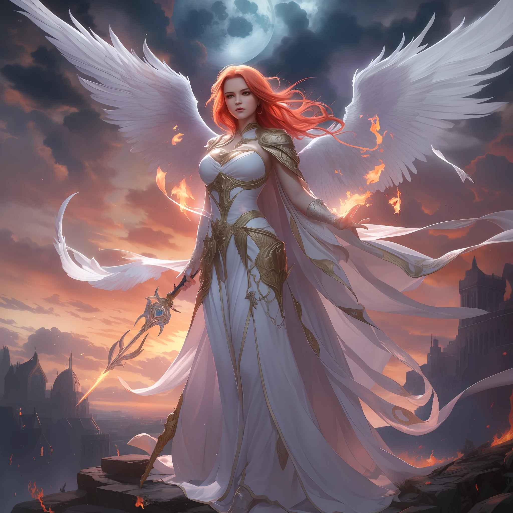 8k, ultra detailed, masterpiece, best quality, (extremely detailed), arafed, dnd art, panoramic view, full body, aasimar sorceress casting a flaming spell,  aasimar, female, (Masterpiece 1.3, intense details), female, sorceress, casting flaming spell (Masterpiece 1.3, intense details) large angelic wings, azure angelic wings spread (Masterpiece 1.3, intense details), fantasy magical background (Masterpiece 1.5, intense details), moon, stars, clouds, wearing white robe, flowing robe (Masterpiece 1.3, intense details), high heeled boots (Masterpiece 1.3, intense details), armed with staff, red hair, green eyes, intense eyes, feminine, ultra detailed face, (Masterpiece 1.5, best quality), anatomically correct (Masterpiece 1.3, intense details), determined face, divine light, cinematic lighting, soft light, silhouette, photorealism, panoramic view (Masterpiece 1.3, intense details) , Wide-Angle, Ultra-Wide Angle, 8k, highres, best quality, high details