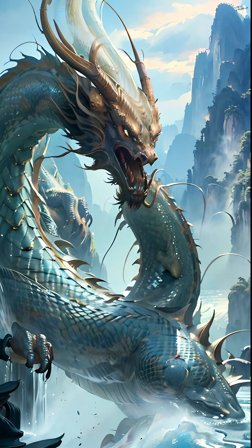 (closer view)(best quality:1.2),(masterpiece:1.2), film grain,(realistic:1.4), photorealistic,
1china dragon in the waterside, dynamic pose realistic, cinematic lighting, unreal engine, trending on ArtStation, intricate details, masterpiece, best quality, by Irakli Nadar, Greg Rutkowski，(((best quality))),(((ultra detailed))),(((masterpiece)))