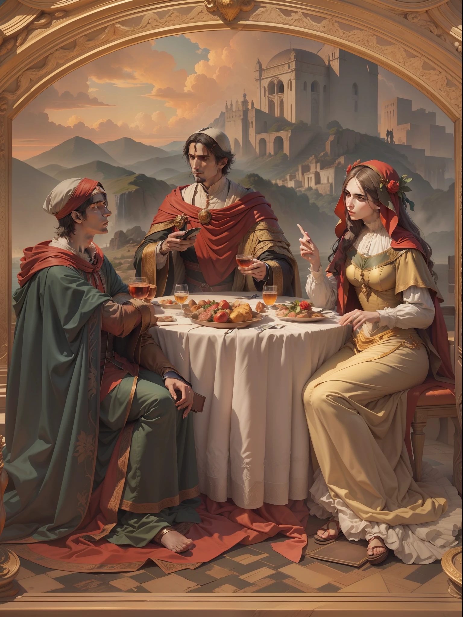 Dante Alighieri (Homem), Virgil (Homem) e Beatriz (mulher), three characters from The Divine Comedy; Illustration in Renaissance style, cena muito bonita, 4k, detalhista.