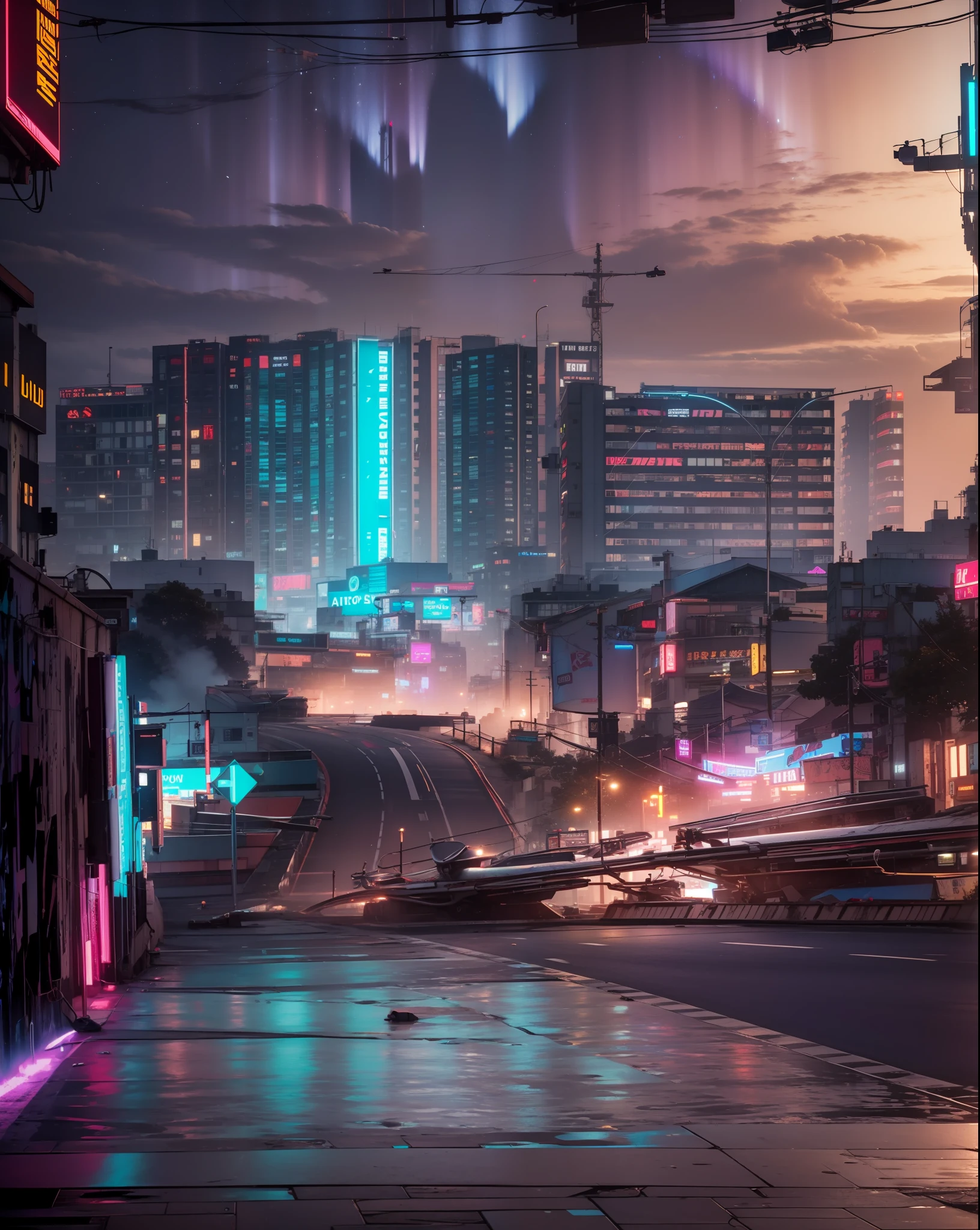 a city cyberpunk, UHD, ultra detailed, violet perple cinematic, highres, 8k, aurora