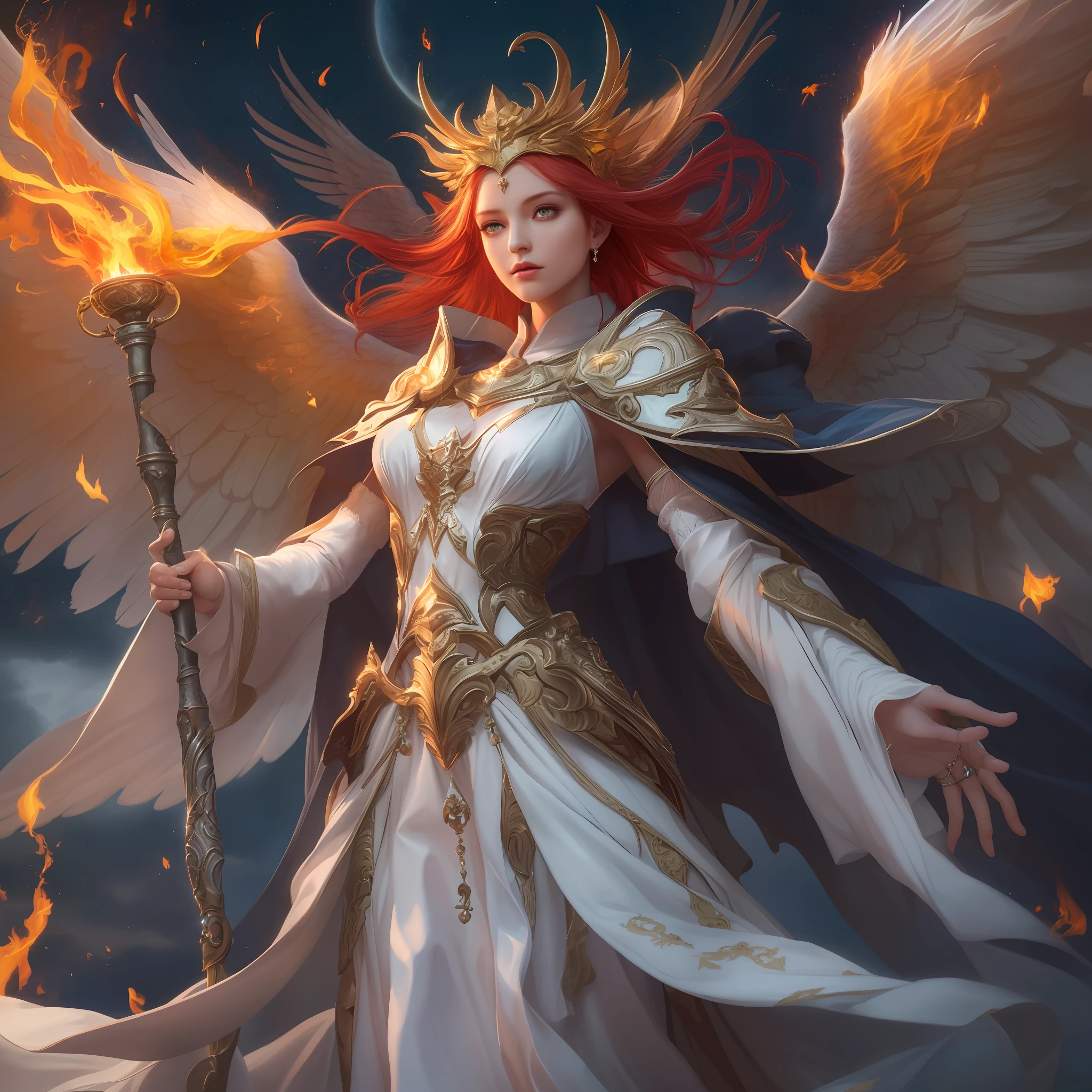 8k, ultra detailed, masterpiece, best quality, (extremely detailed), arafed, dnd art, panoramic view, full body, aasimar sorceress casting a flaming spell,  aasimar, female, (Masterpiece 1.3, intense details), female, sorceress, casting flaming spell (Masterpiece 1.3, intense details) large angelic wings, azure angelic wings spread (Masterpiece 1.3, intense details), fantasy magical background (Masterpiece 1.5, intense details), moon, stars, clouds, wearing white robe, flowing robe (Masterpiece 1.3, intense details), high heeled boots (Masterpiece 1.3, intense details), armed with staff, red hair, green eyes, intense eyes, feminine, ultra detailed face, (Masterpiece 1.5, best quality), anatomically correct (Masterpiece 1.3, intense details), determined face, divine light, cinematic lighting, soft light, silhouette, photorealism, panoramic view (Masterpiece 1.3, intense details) , Wide-Angle, Ultra-Wide Angle, 8k, highres, best quality, high details