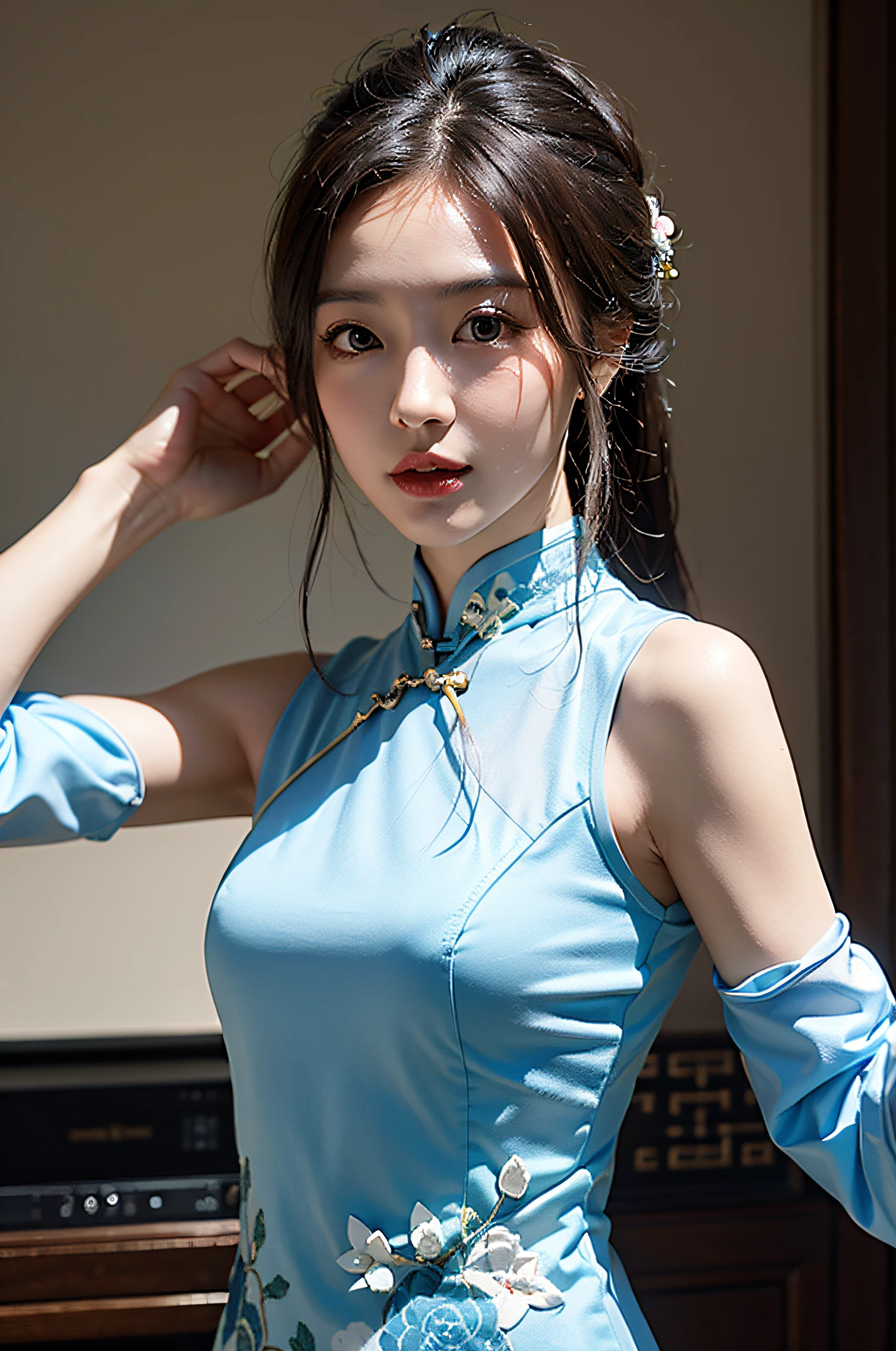 （Hyperrealistic,）4K,35mm，hyper-high detail, Professional lighting, Best quality, Ultra-high resolution, Visually stunning, (1girll:1.3), National style cheongsam,,realskin,（Perfect body 1.3）