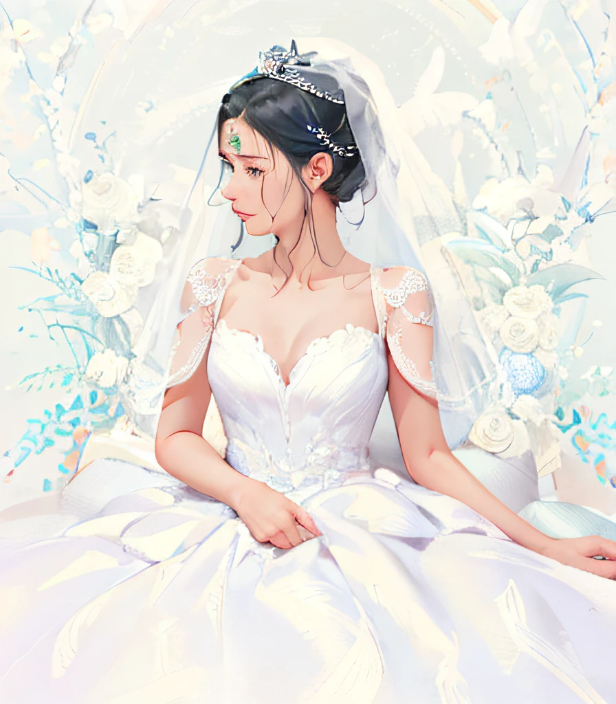 It's an art painting，Depicts a woman wearing a small crown in a white wedding dress，This is a detailed anime portrait，Similar to Rossi's portrait，Produced in an anime artist studio。The portrait shows the real girl of the kawaii，It shows amazing facial features。