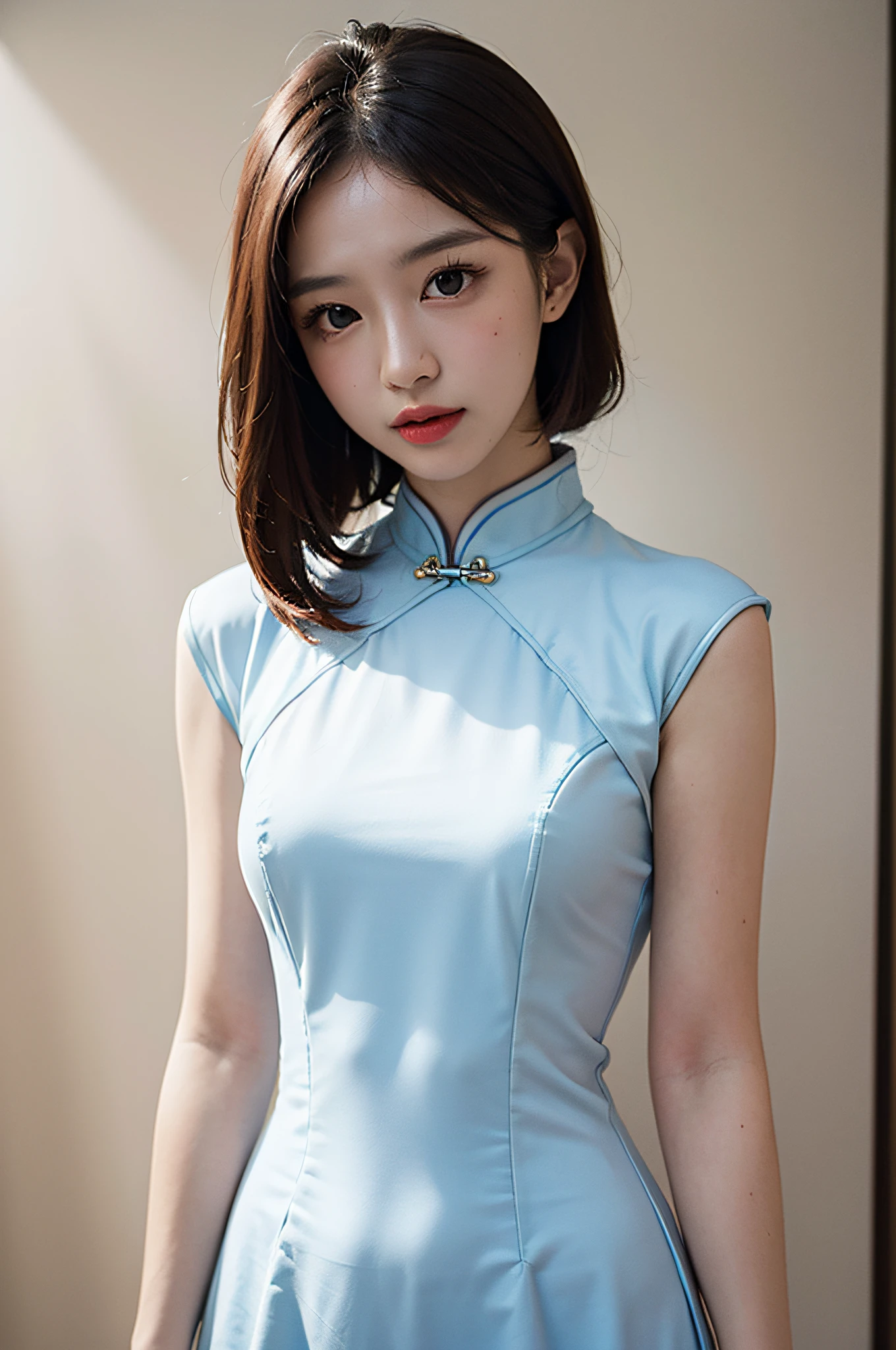 （Hyperrealistic,）4K,35mm，hyper-high detail, Professional lighting, Best quality, Ultra-high resolution, Visually stunning, (1girll:1.3), National style cheongsam,,realskin,（Perfect body 1.3）