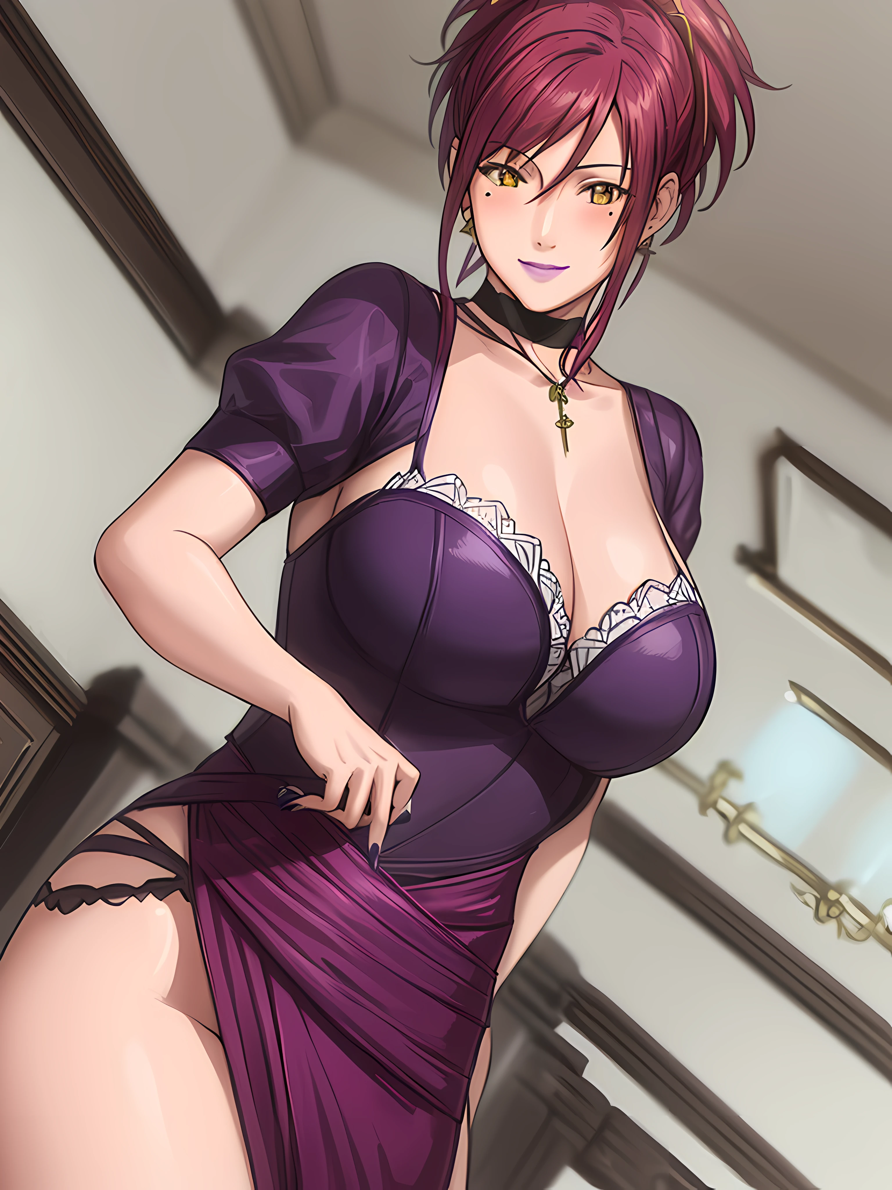 (Masterpiece, Best Quality, High Quality:1.4), professional artwork, for desktop wallpaper, Intricate Details, field of view, sharp focus, detailed painting, photorealistic lighting, trending on pixiv, 1girl, (vivid lighting, vibrant colors:1.05), realistic shadows, ambient occlusion,
Marie Mamiya, mature female, milf, solo, (curvy:1.1), luxury room, (half body shot:1.1), looking to attention,
(red hair:1.05), hair ornament, lipstick, makeup, (mole under eye:0.9), choker, ultra detail hair, ultra detail face, (yellow glowing eyes:1.05), perfect eyes, perfect face, perfect retina, earrings, (seductive look, blush:1.15), ?????, ???? face, smile,
(purple, main dress:1.4), choker, necklace, fingernails, flawless drawn, no blur
(Large Breasts:1.15)