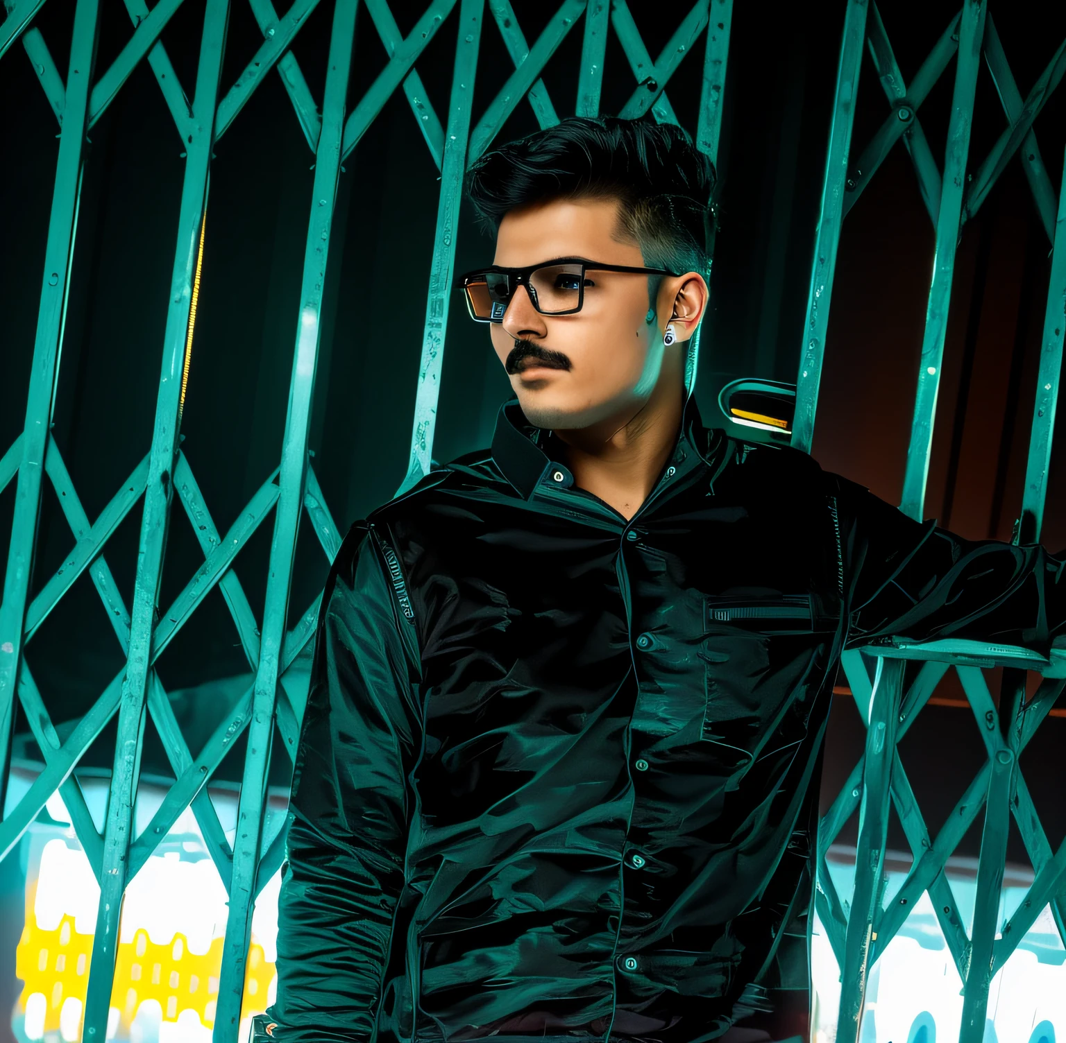 a cyberpunk boy with black glasses and small hairs moustache