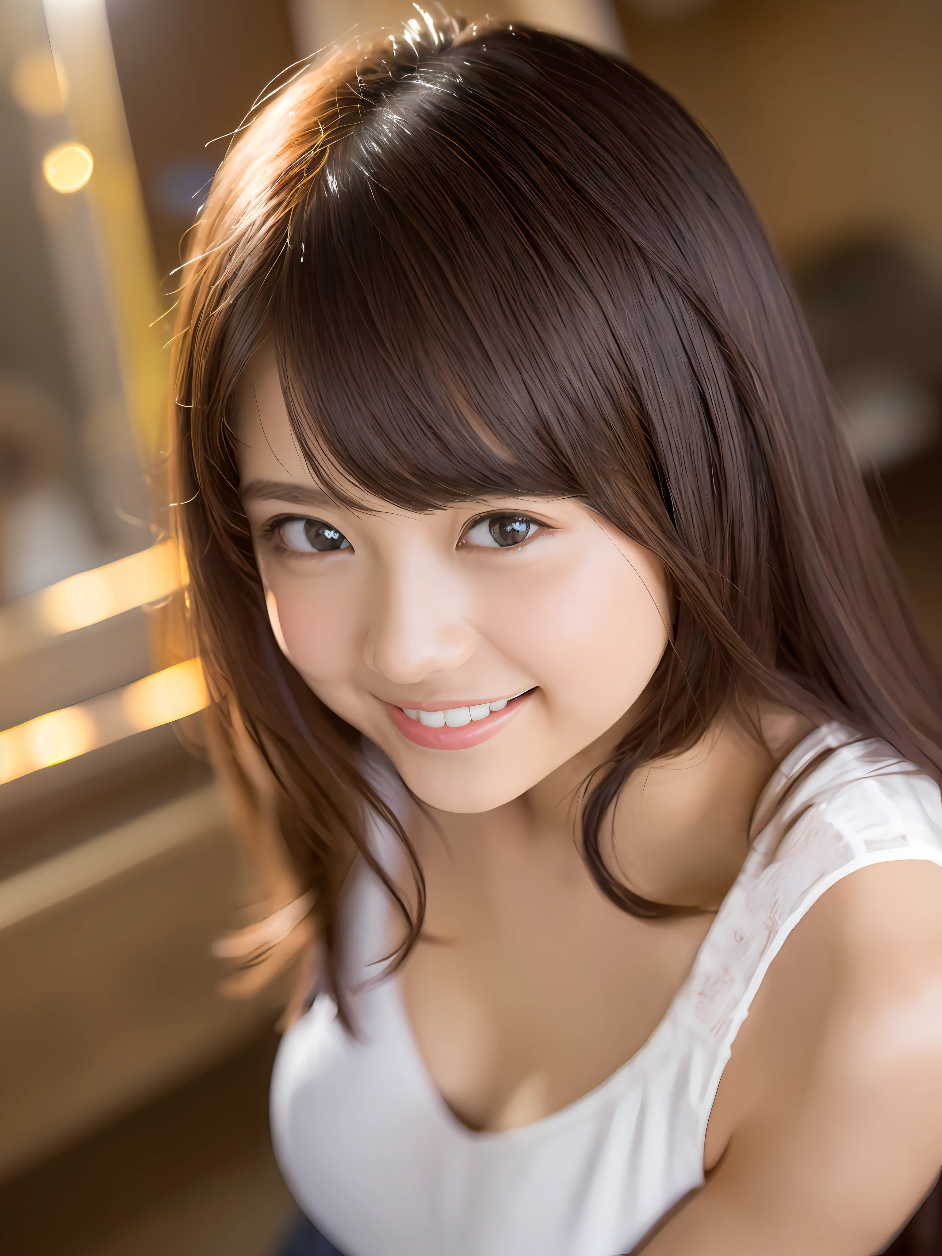 (masterpiece)、((top-quality))、(ultra-detailliert)、((extremely delicate and beautiful))、(((incredibly absurdness)))、((perfect bodies)))、1girl in、独奏、A dark-haired、{{{maternal}}}、Medium chest、Happy smile、white t-shirts、mare+Background with、Sun flower、dynamic ungle、female focus on、{Particles of light}、细致Background with、((paul hedley)))、Soft lighting、Evening glow、Orange sunset、Happy smile、Live action、realisitic、Looking at the camera、Angle from above、cute smile face、the background is blurred.