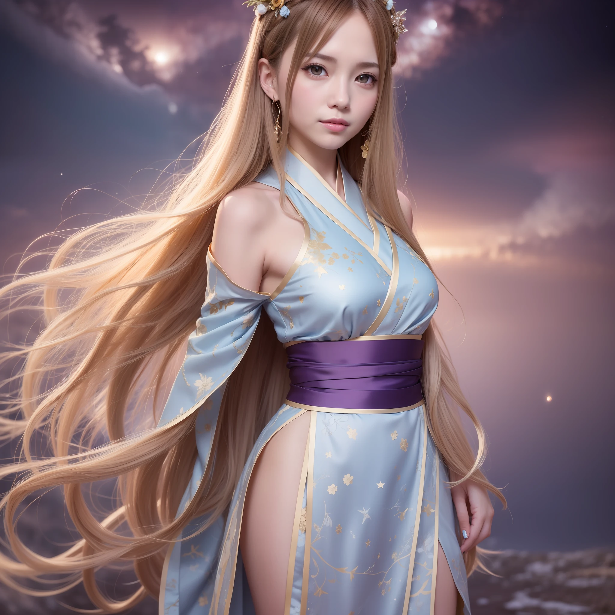 asuna, masterpiece, best quality, detailed, (1girl), solo, detailed golden eyes, long hair, standing, close to viewer, (detailed sky blue hanfu), light smile, medium breasts, (arms behind back), water, sunset, (hair ornament), (violet bloom), (starry sky), snow mountain lake in the background, comet