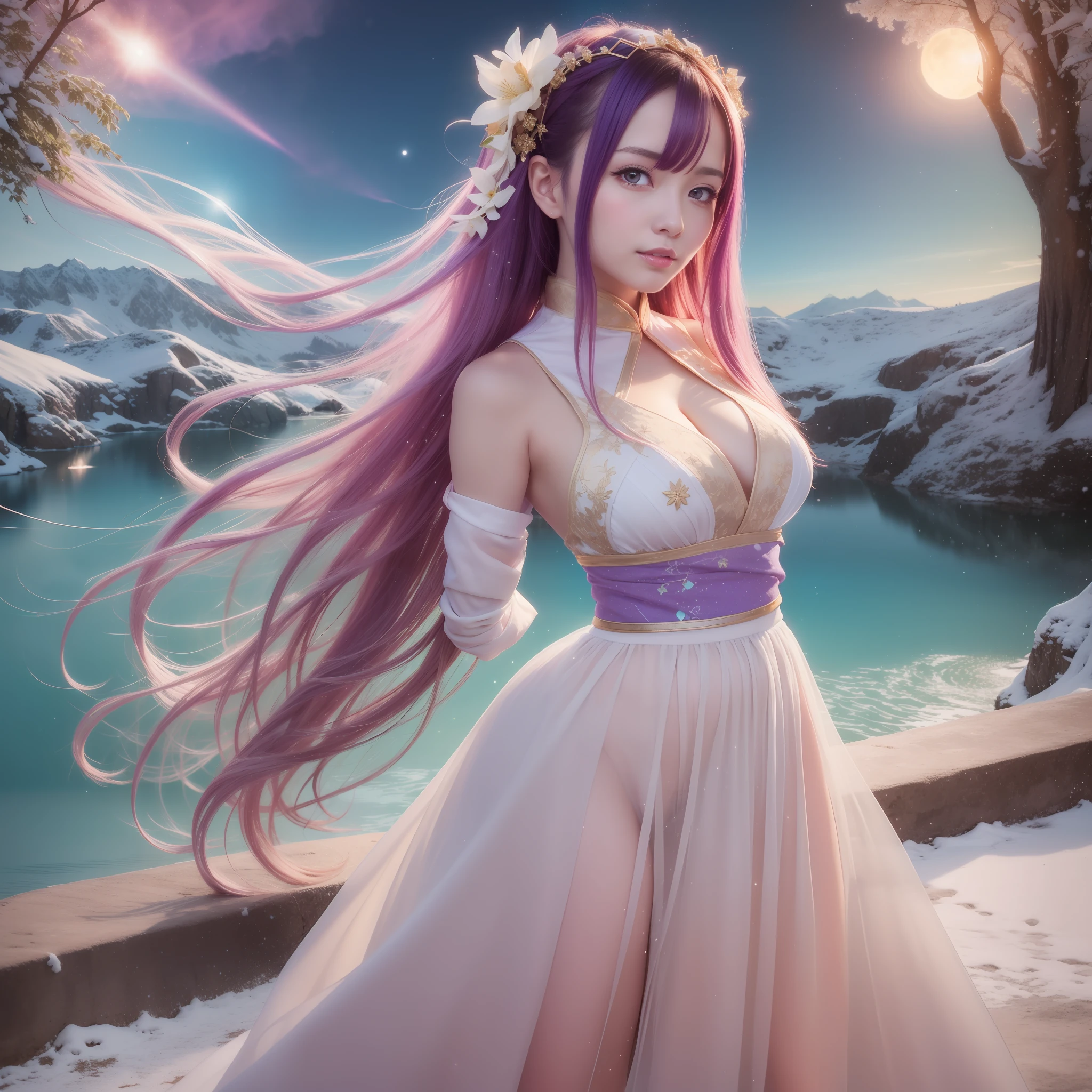 asuna, masterpiece, best quality, detailed, (1girl), solo, detailed golden eyes, long hair, standing, close to viewer, (detailed sky blue hanfu), light smile, medium breasts, (arms behind back), water, sunset, (hair ornament), (violet bloom), (starry sky), snow mountain lake in the background, comet