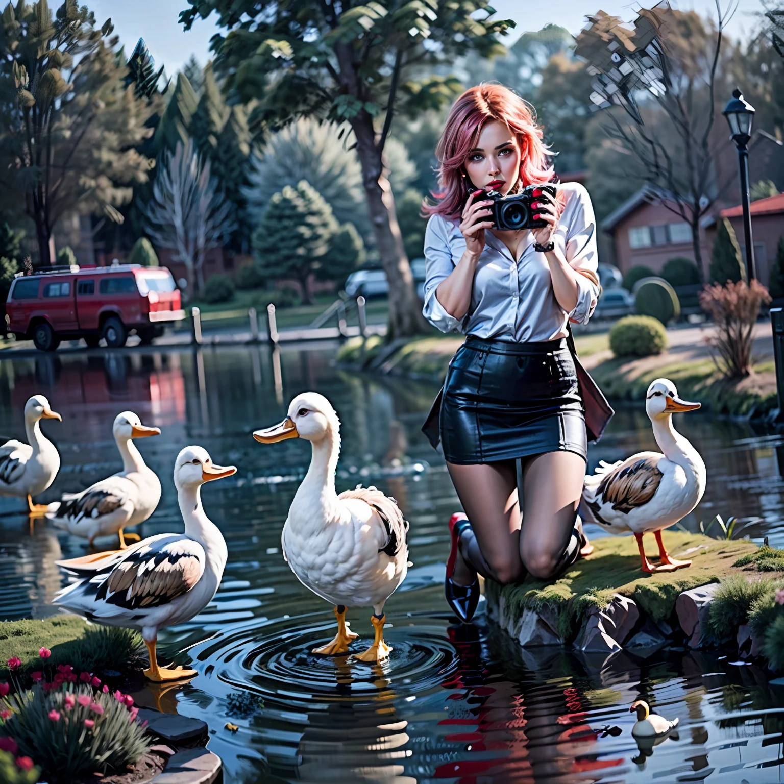 (a beautiful woman is taking pictures of ducks in a pond), (pink hair), (red lips, makeup), (white blouse), (black pencil skirt), (((black pantyhose))), (a pair of ggx heels), Realistic, Photorealistic, (masterpiece), highly detailed, octane render, 4k, dynamic pose, best quality, ((full_body)), (wide angle shot), (cinematic lightning)
