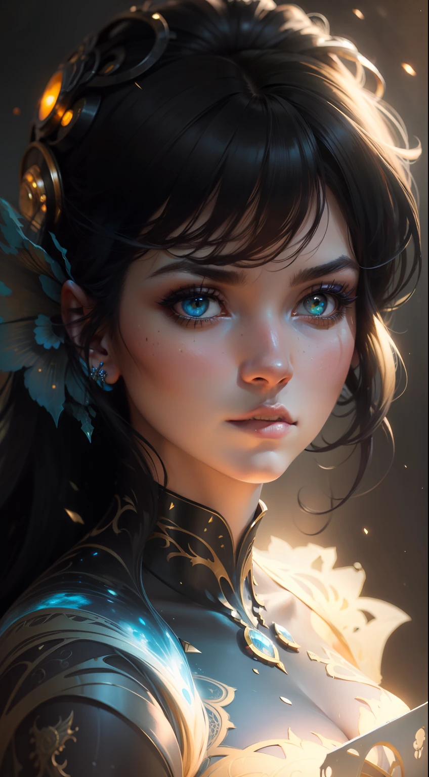 ultra detailed artistic photography, midnight aura, night sky, detailed gorgeous face, dreamy, glowing, backlit, glamour, glimmer, shadows, oil on canvas, brush strokes, smooth, ultra high definition, 8k, unreal engine 5, ultra sharp focus, art by alberto seveso, artgerm, loish, sf, intricate artwork masterpiece, ominous, matte painting movie poster, golden ratio, trending on cgsociety, intricate, epic, trending on artstation, by artgerm, h. r. giger and beksinski, highly detailed, vibrant, production cinematic character render, ultra high quality model --auto
