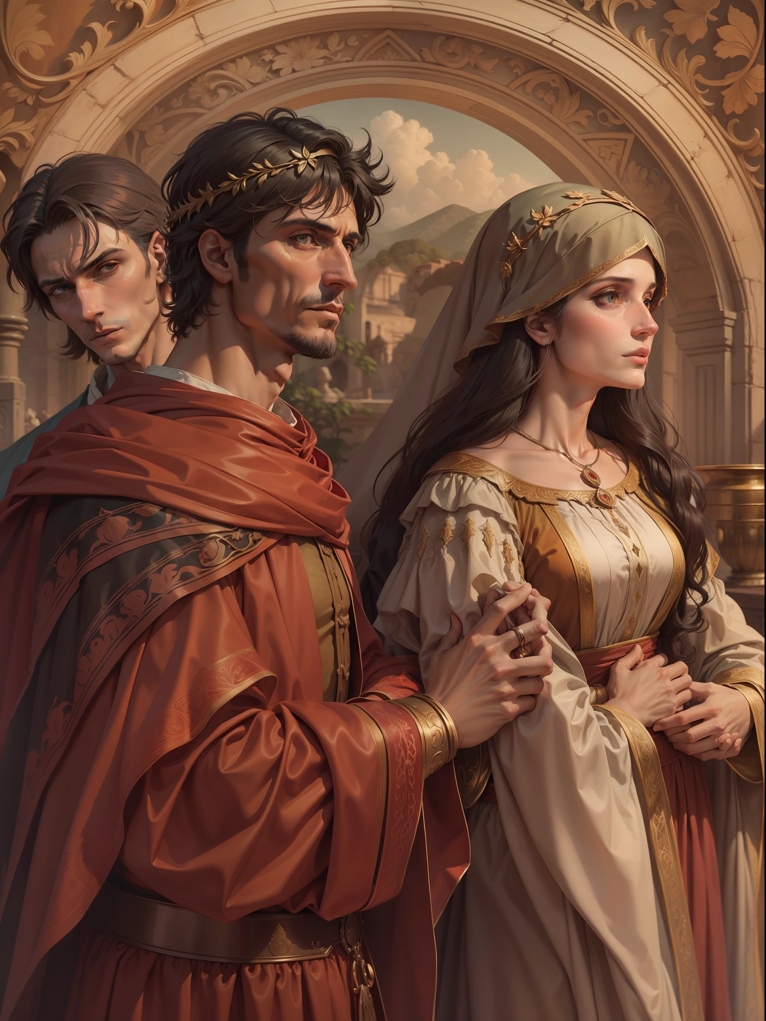 Dante Alighieri (Homem), Virgil (Homem) e Beatriz (mulher), three characters from The Divine Comedy; Illustration in Renaissance style, cena muito bonita, 4k, detalhista.
