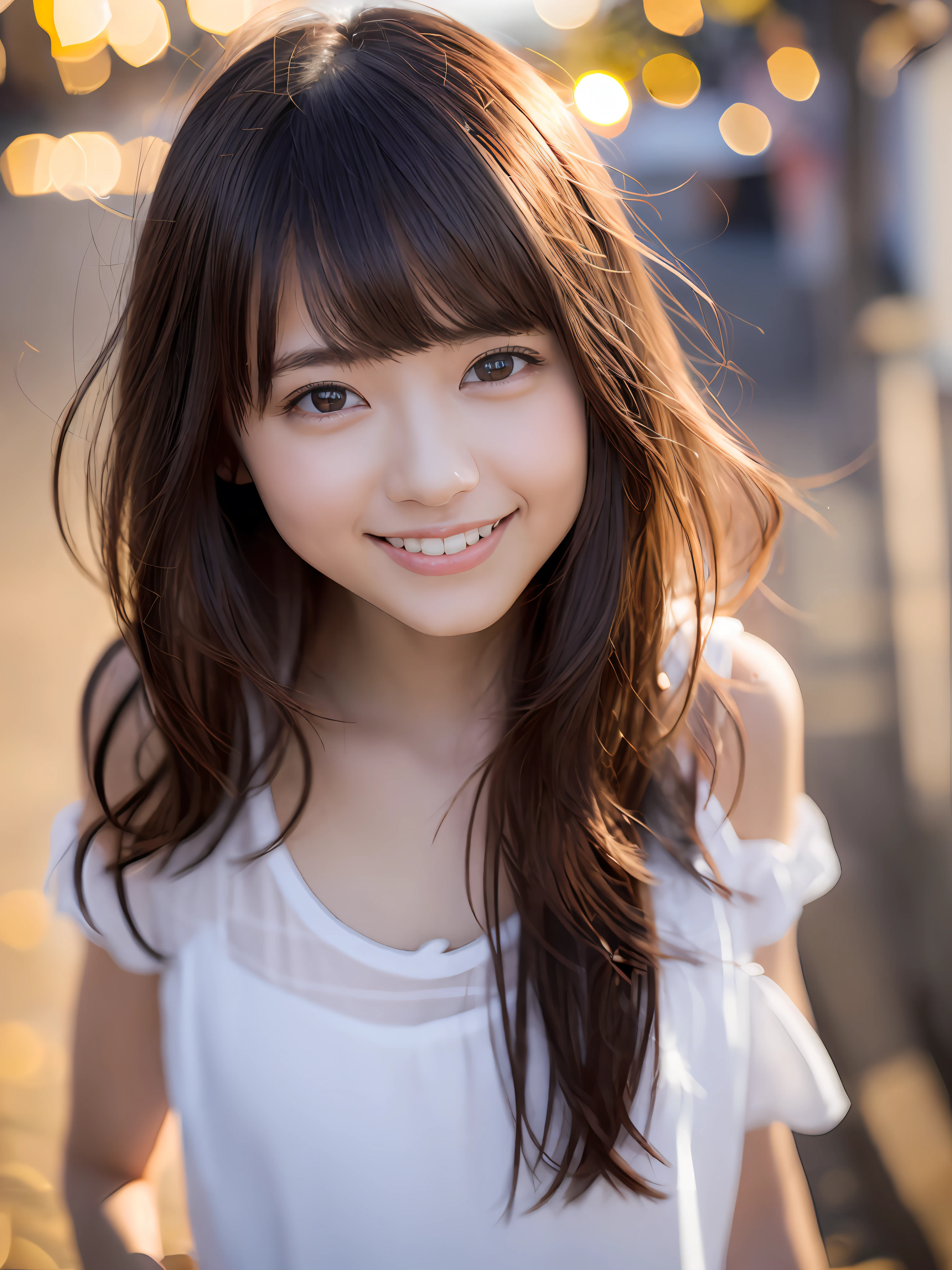 (masterpiece)、((top-quality))、(ultra-detailliert)、((extremely delicate and beautiful))、(((incredibly absurdness)))、((perfect bodies)))、1girl in、独奏、A dark-haired、{{{maternal}}}、Medium chest、Happy smile、white t-shirts、mare+Background with、Sun flower、dynamic ungle、female focus on、{Particles of light}、细致Background with、((paul hedley)))、Soft lighting、Evening glow、Orange sunset、Happy smile、Live action、realisitic、Looking at the camera、Angle from above、cute smile face、the background is blurred.
