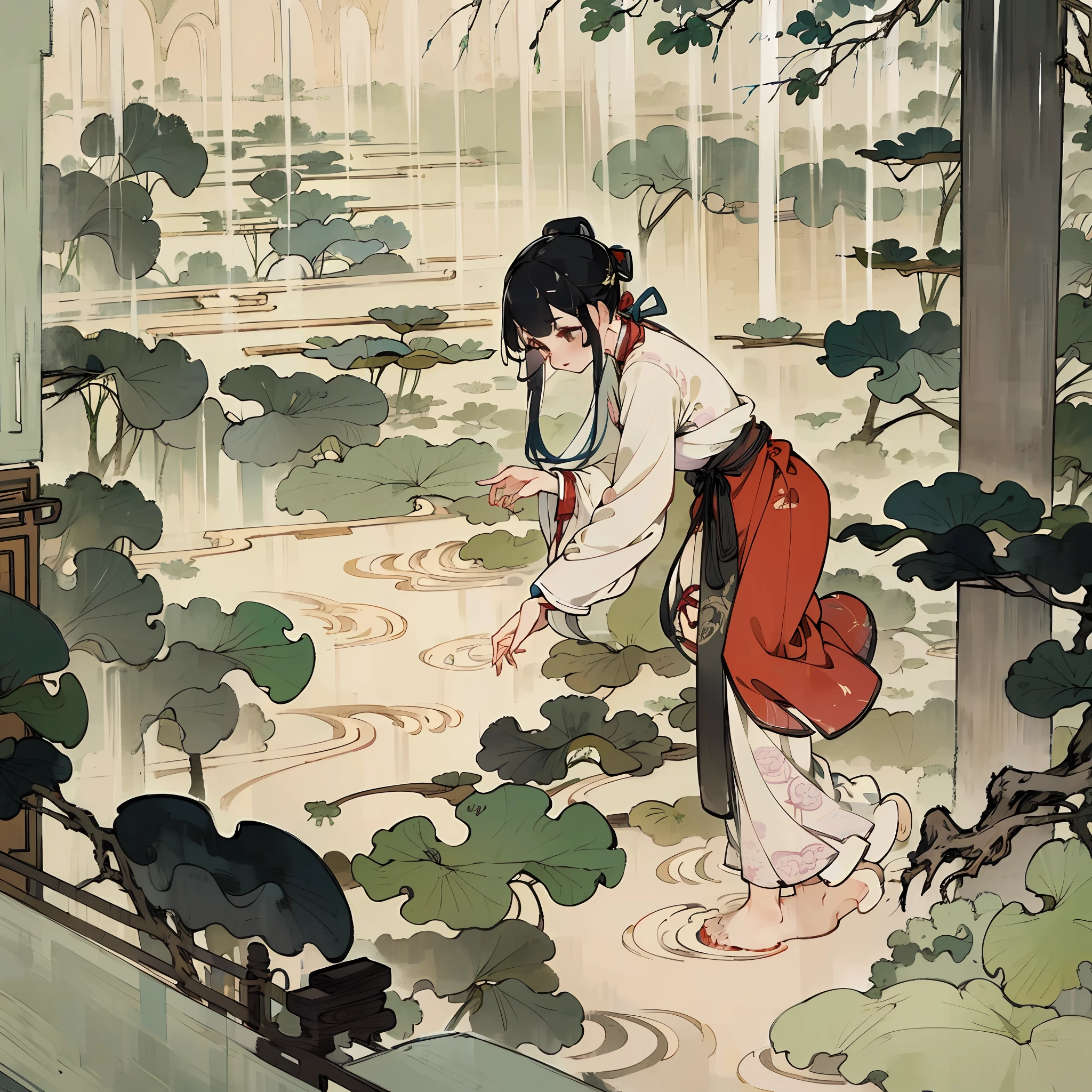 ((4K,Masterpiece,Best quality)), water ink, Traditional Chinese painting, lotus flower,very heavy rain,Hanfu, , Dress conservatively 1girl, Solo, cabelos preto e longos, streaming tears, standing on your feet, feet in water, The barefoot, --auto