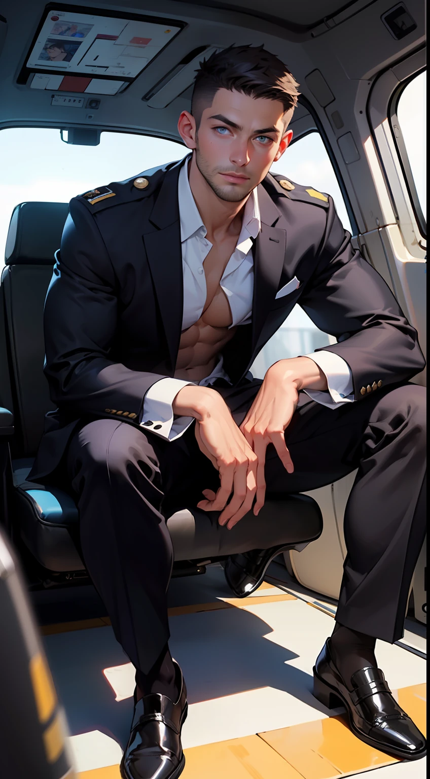 masterpiece, best quality, face, natural eyes, 1man, solo, big feet, black socks, full body, (in suits), large bulge, long legs, looking at viewer, 30 years old, muscled and mature, pilot, pilot in uniform, short haircut, blue eyes, topless, shirtless, open chest, eight-pack abs, sexy,