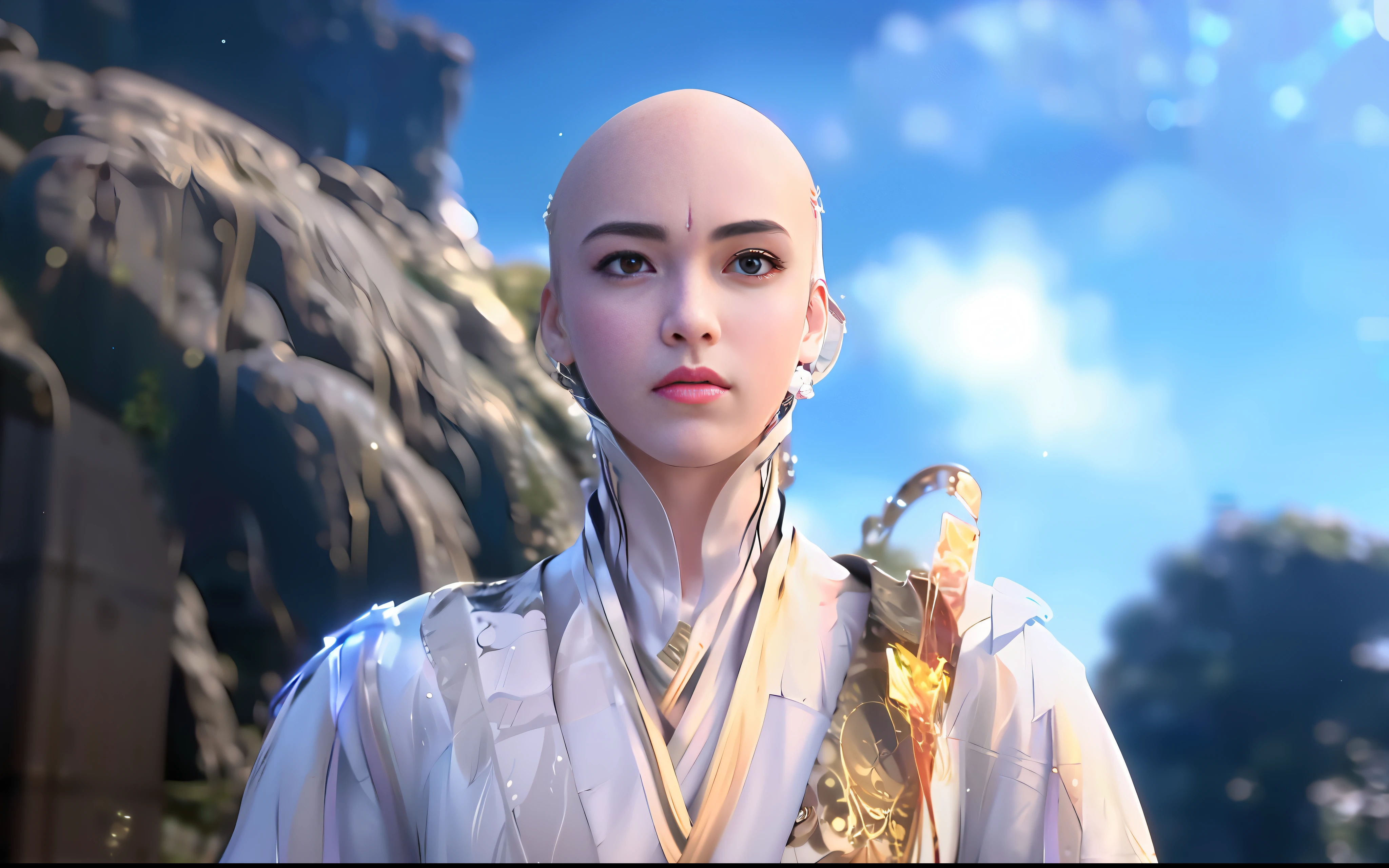 a close up of a person with a bald head and a white shirt, as a character in tekken, inspired by Zhao Mengfu, xianxia hero, heise jinyao, cai xukun, delicate androgynous prince, inspired by Cao Zhibai, full body xianxia, zhongli from genshin impact, inspired by Shen Quan
