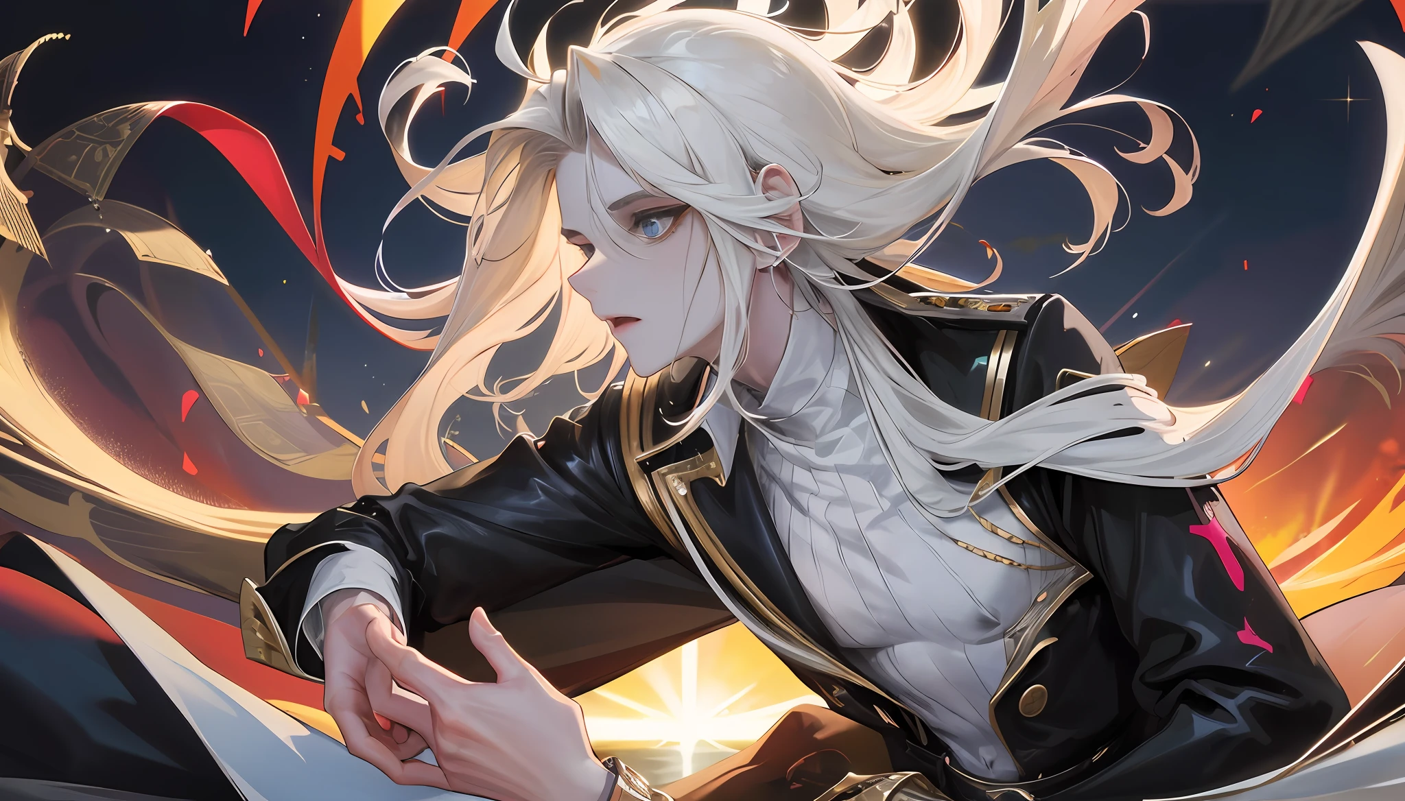 mtu, virile, Masculine face, big breasts enchanting, musculous, ((1人)), tmasterpiece, absurderes, Best quality at best, Complicated details, (shiny skins, shining body, Shiny oily glowing skin, White sea urchin hair, Pale complexion), the sunset, Attractive, ((musculature)), AS-Adult, an Quority, ((Wide open chest)), ((sem blusa)), 耳Nipple Ring, Black pantsuit, Not looking at the view, Not looking at the view, White sea urchin hair, Perfect and detailed face, Perfect and meticulous hands, Vampires,blue color eyes,((MLS)),medium large shoot