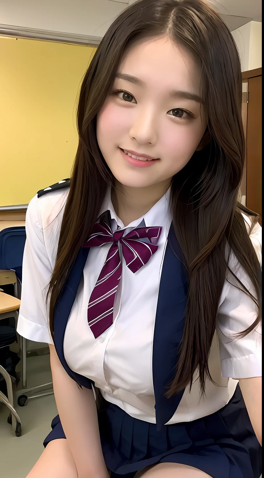 High school students in uniform、knit、playing violin、a  high schoolnt、1７age、short-cut、large full breasts、Show panties、Opening legs、爆乳、Very detailed 8k wallpaper)、foco nítido、in detail、Drama、Delicate and beautiful schoolgirl、white  shirt、Navy blue ribbon at the collar、Dark blue pleated micro mini、、Sexy、A smile、Peek at the viewer、Beautiful graphics、Bright school building、Full of students、Show me your whole body、White Sox、