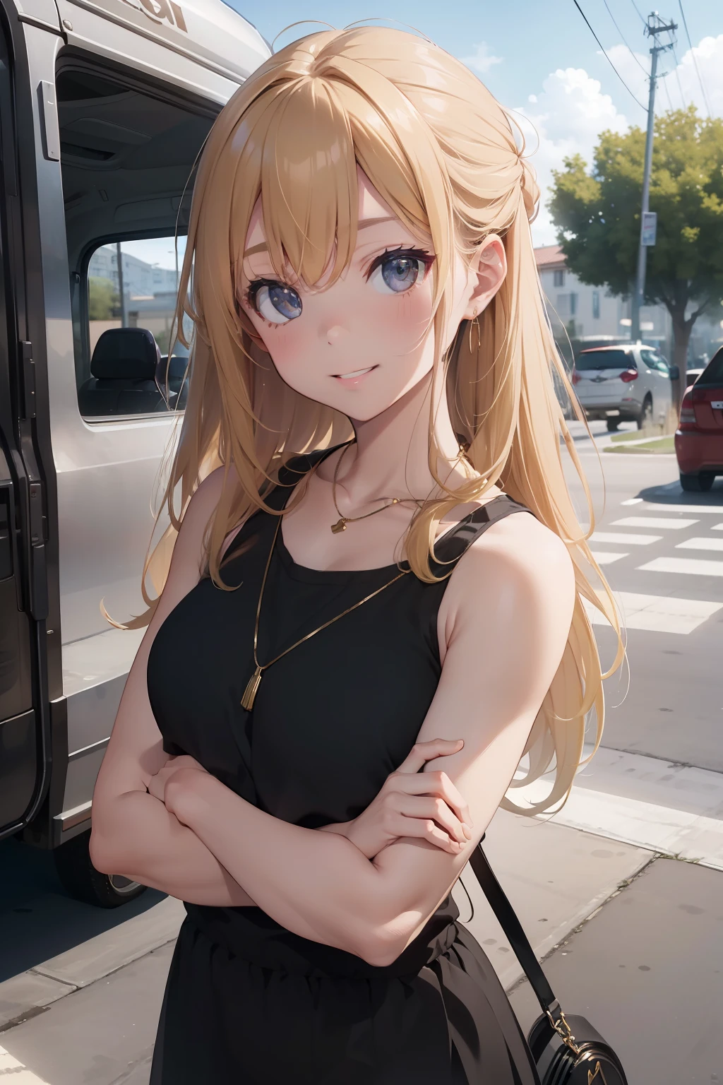 (in 8K, Raw photo, Best Quality, masutepiece:1.2), (Realistic, Photorealsitic:1.37), 超A high resolution, Blurry_Background, Realistic, Beautiful, Looking at the viewer, extra detailed face, Perfect Lighting, Selfie, Blonde_hair, Wavy_hair, Smiling, Asian, truck, perking,car park, Sunny, Black top, gold_a necklace, Clear_skyporn, Sleeveless