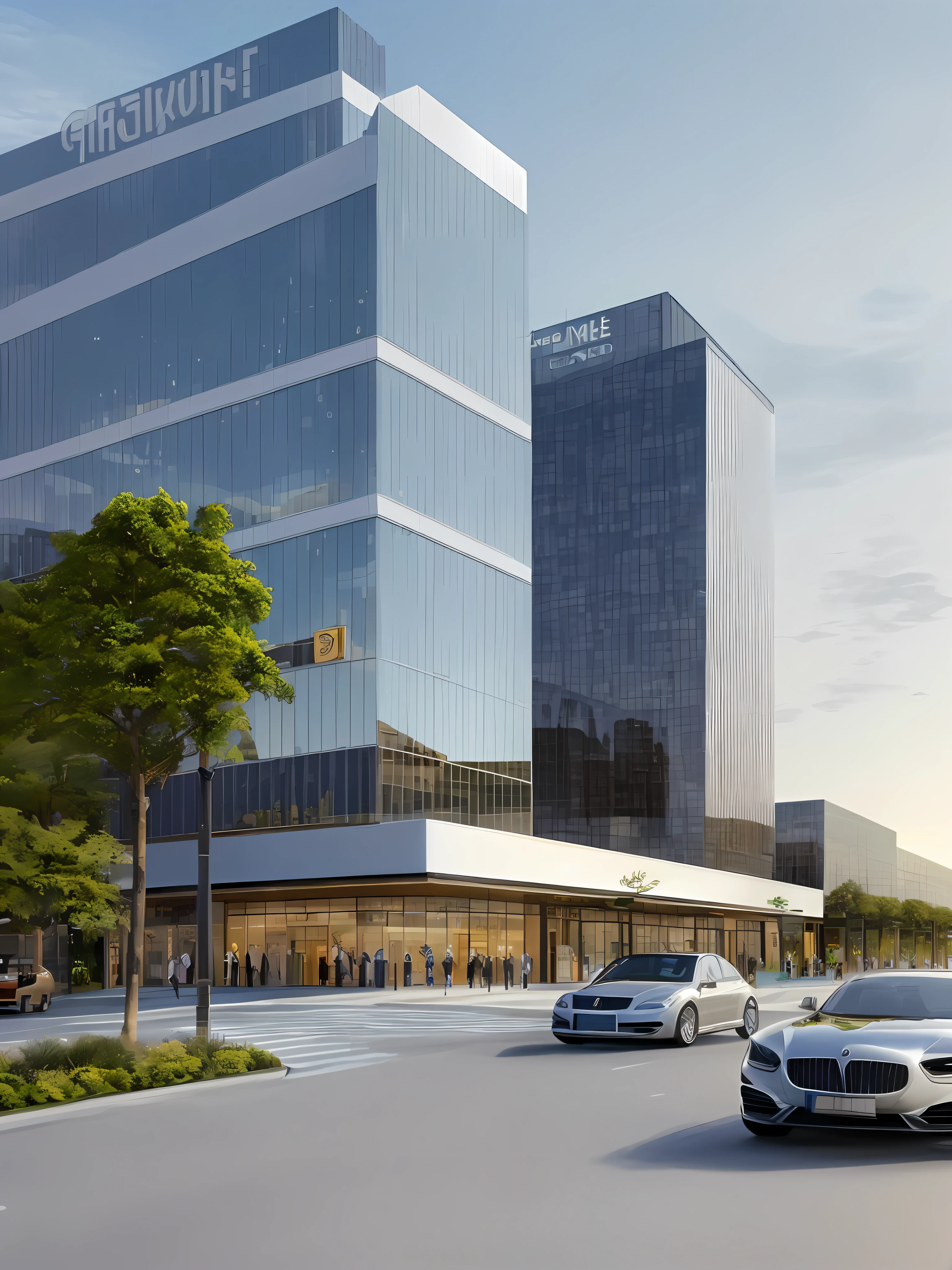 (masterpieces), (best quality), (excellent quality), (extreme detail), (gold and silver), 1 large building, (office building), 1 long horizontal shopping complex, landscape, pavement, trees, sky, cloud, sun, (high contrast), HQ, futuristic, modern, cars, men and women
