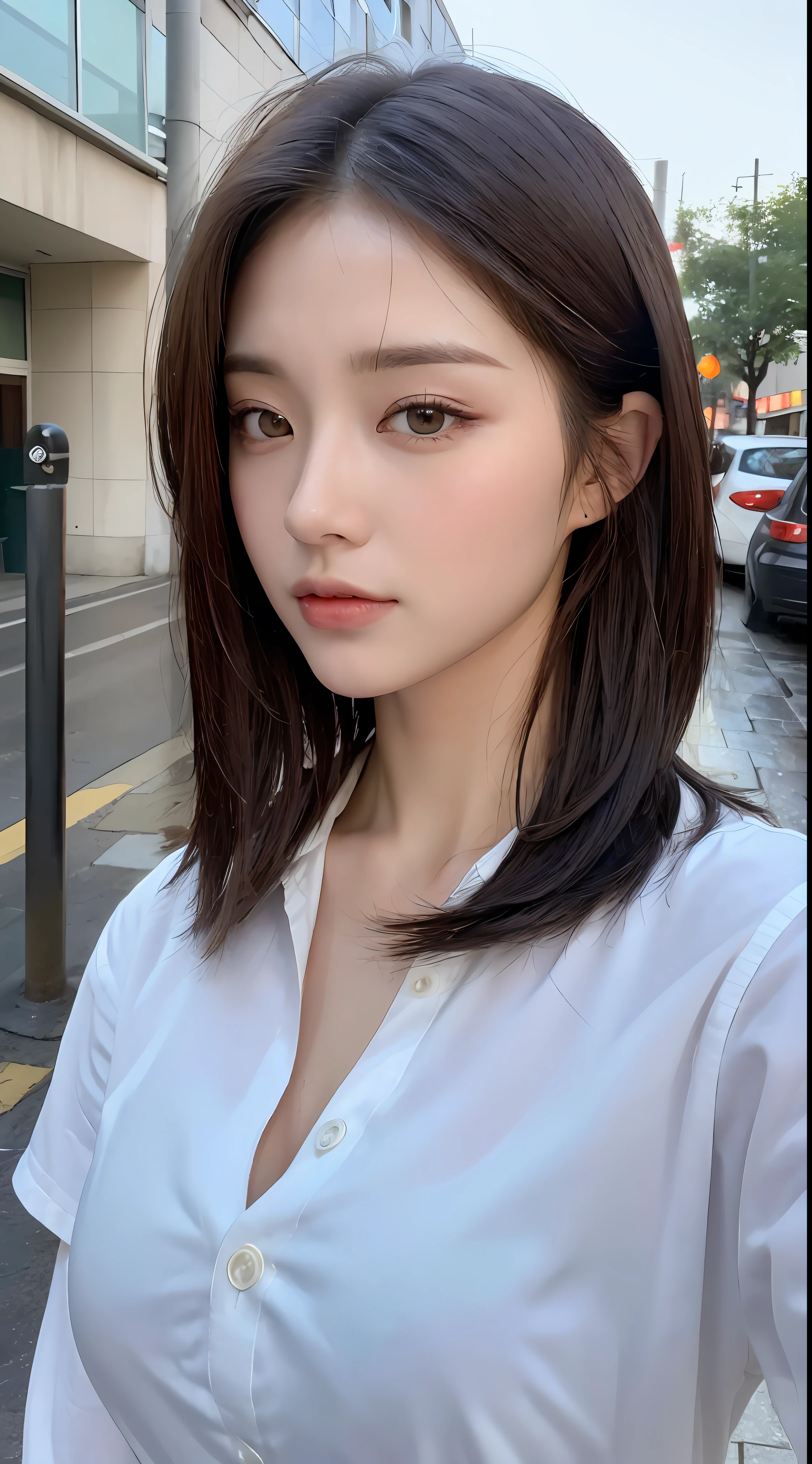 ((Best Quality, 8K, Masterpiece: 1.3)), Sharp: 1.2, Perfect Body Beauty: 1.4, Slim Abs: 1.2, ((Layered Hairstyle, Big Breasts: 1.2)), (Wet White Button Long Shirt: 1.1), (Rain, Street: 1.2), Wet: 1.5, Highly Detailed Face and Skin Texture, Detailed Eyes, Double Eyelids, Looking at the Camera