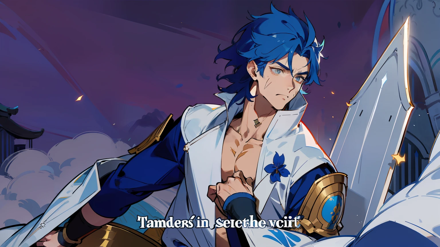 Naotora is tall, muscular guy, with short pointed blue hair,,,, Like the ears of the beast,, And golden eyes. He has a scar on his left cheek. He wears what looks like a white cloak and light blue traditional samurai armor.