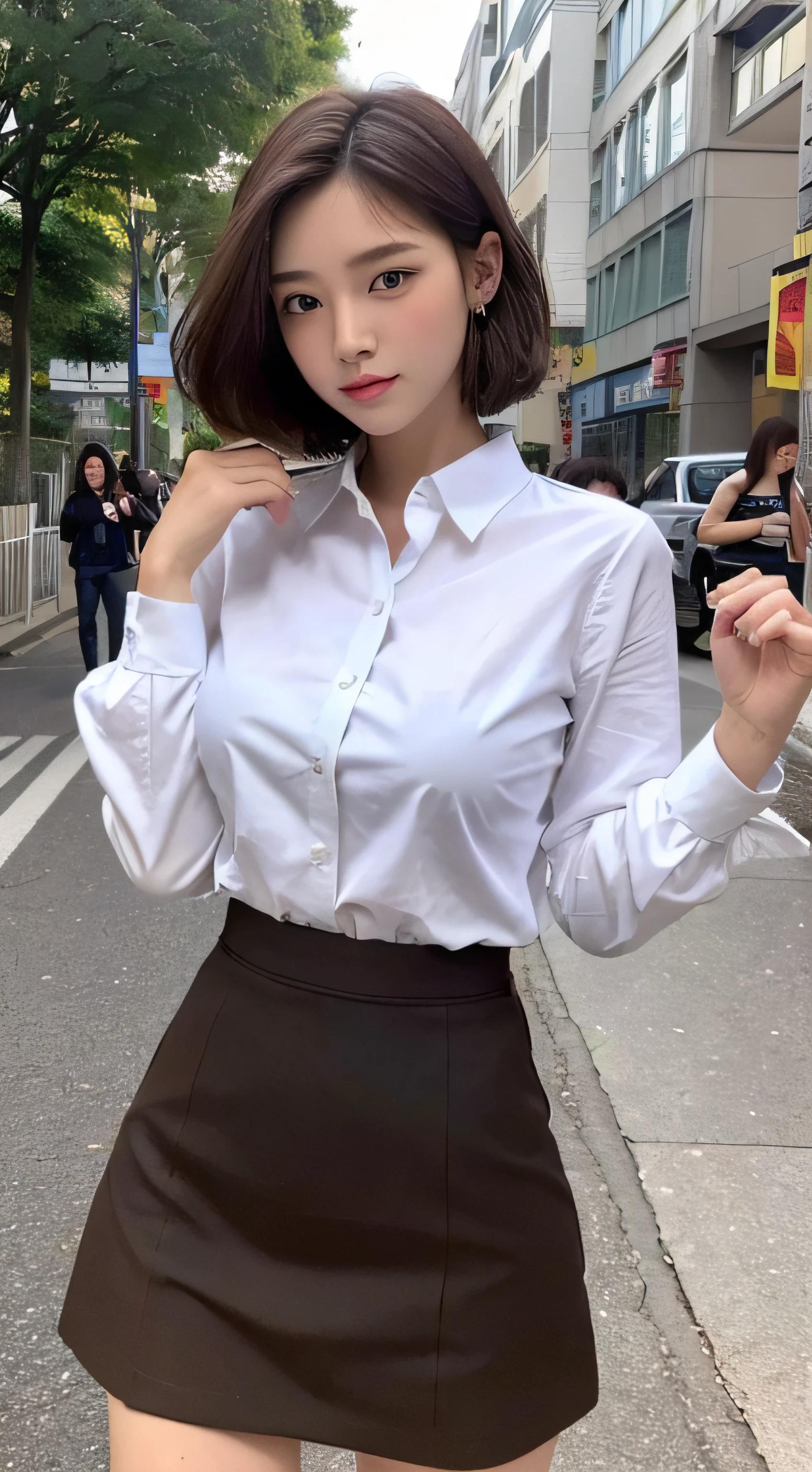 ((top-quality、8k、​masterpiece：1.3))、sixteen years old、student clothes、校服、Ultra mini skirt、short-hair、Crisp focus：1.2、Beautiful Women in Perfect Style：1.4、Slender abs：1.2、((Dark brown hair、huge tit：1.2))、(White button-up long shirt:1.1)、Street:1.2、Highly detailed facial and skin texture、A detailed eye、二重まぶた、full bodyesbian、pleatedskirt