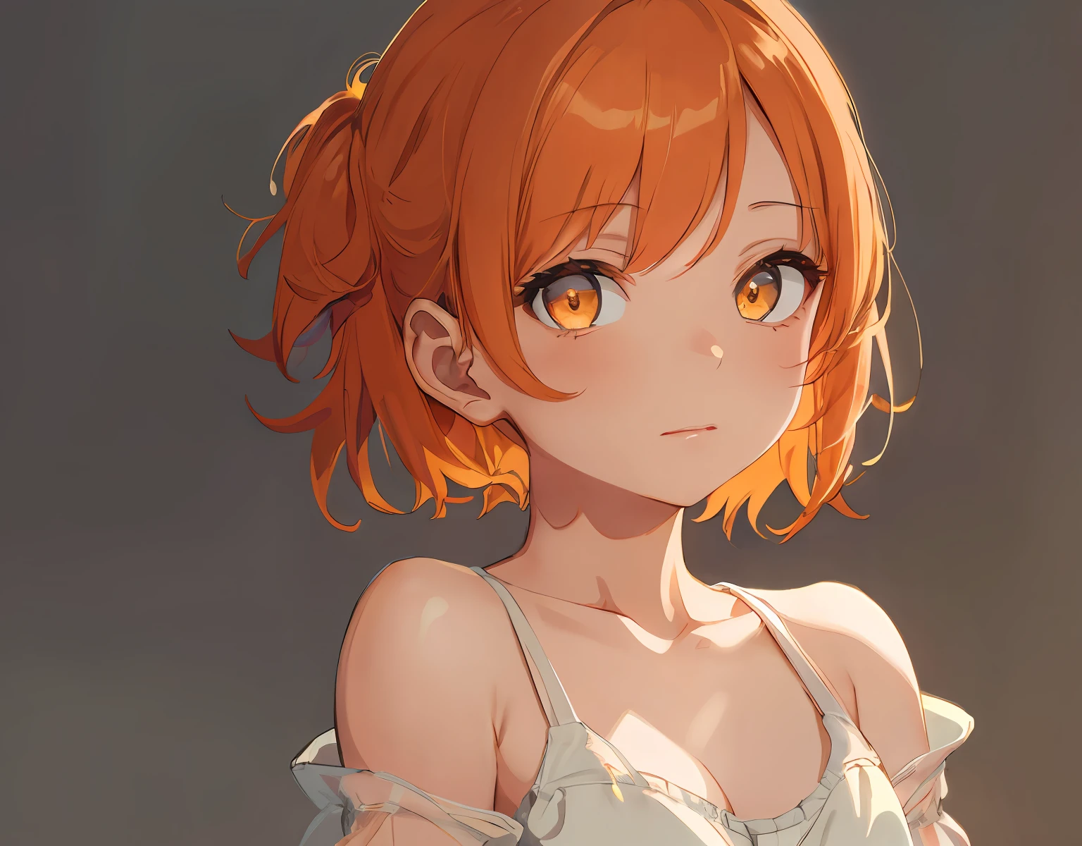 masterpiece, best quality, ultra-detailed, illustration, an extremely delicate and beautiful, cute, 1girl, solo, orange hair, brown eyes, simple background, upper body, bust up shot, beautiful clavicle, cleavage, not dressed, shirtless, completely, Composition from the chest up,like ID photo, no clothes, no underwear,Beautiful eyes, delicate eyes, complicated eyes,