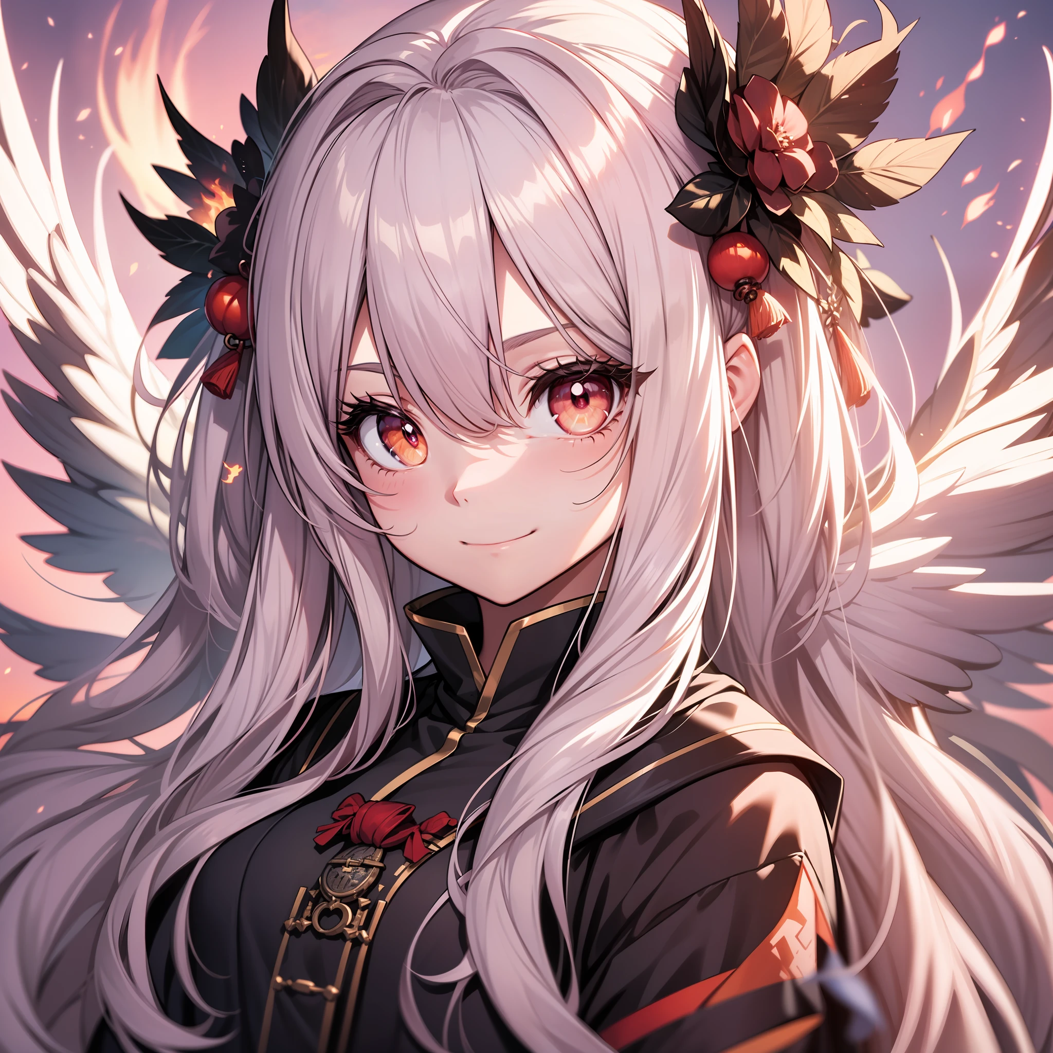 Animated girl little loli with long white hair,Crimson pupils,Crimson glowing pupils,There are wings like flames behind him,adolable,ssmile,1人,The upper part of the body,Pink sky background,China-style