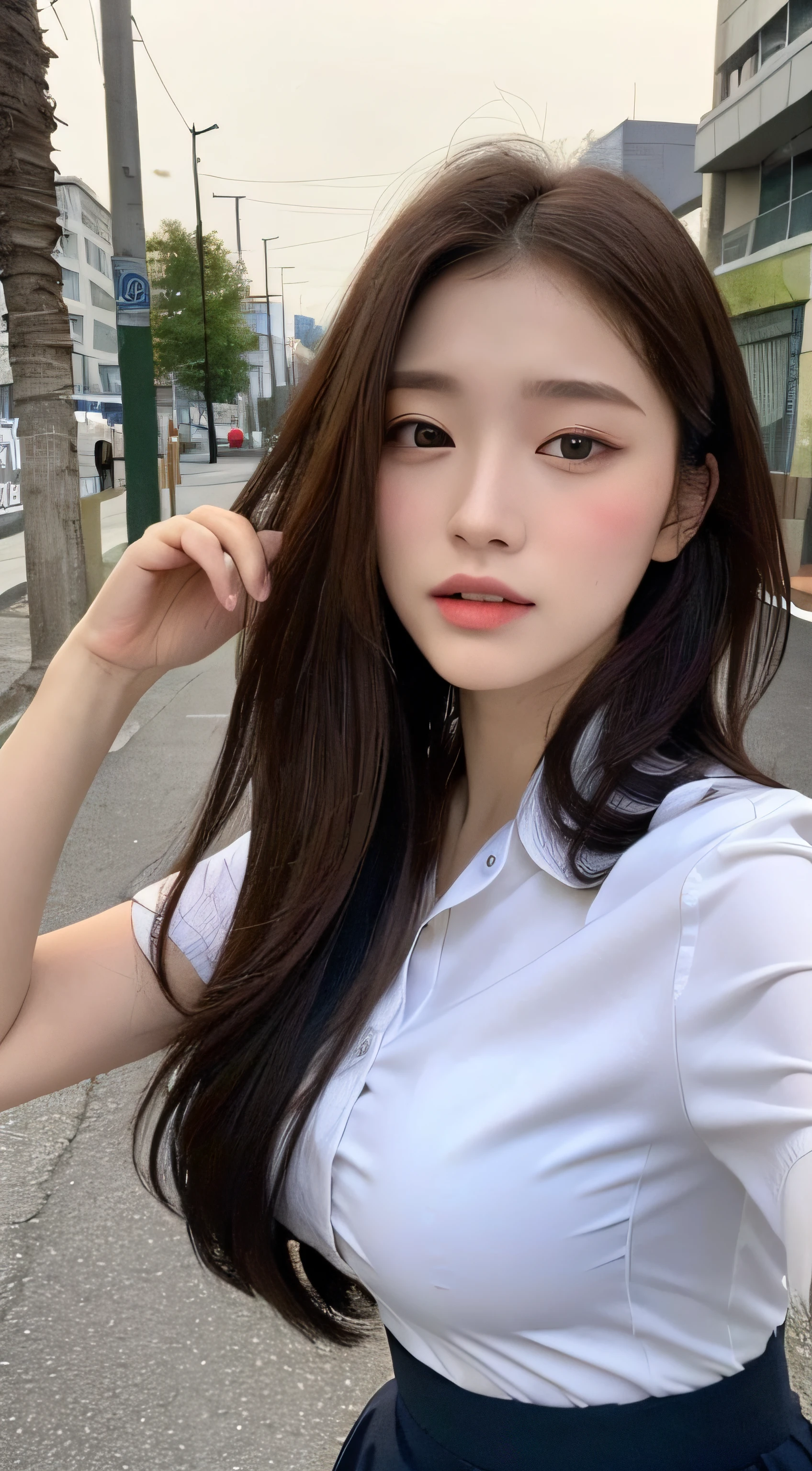 ((top-quality、8k、masterpiece:1.3))、sixteen years old、student clothes、校服、Ultra mini skirt、short-hair、Crisp focus:1.2、Beautiful Women in Perfect Style:1.4、Slender abs:1.2、((Dark brown hair、huge tit:1.2))、(White button-up long shirt:1.1)、Street:1.2、Highly detailed facial and skin texture、A detailed eye、二重まぶた、full bodyesbian、pleatedskirt