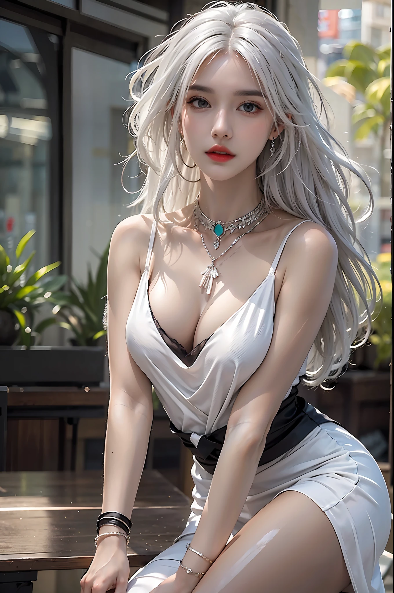 photorealistic, high resolution, 1 girl, hips up, beautiful eyes, white hair, elegant black dress, cleavage, streetwear, bracelets,elegant necklace, elegant diamond earrings