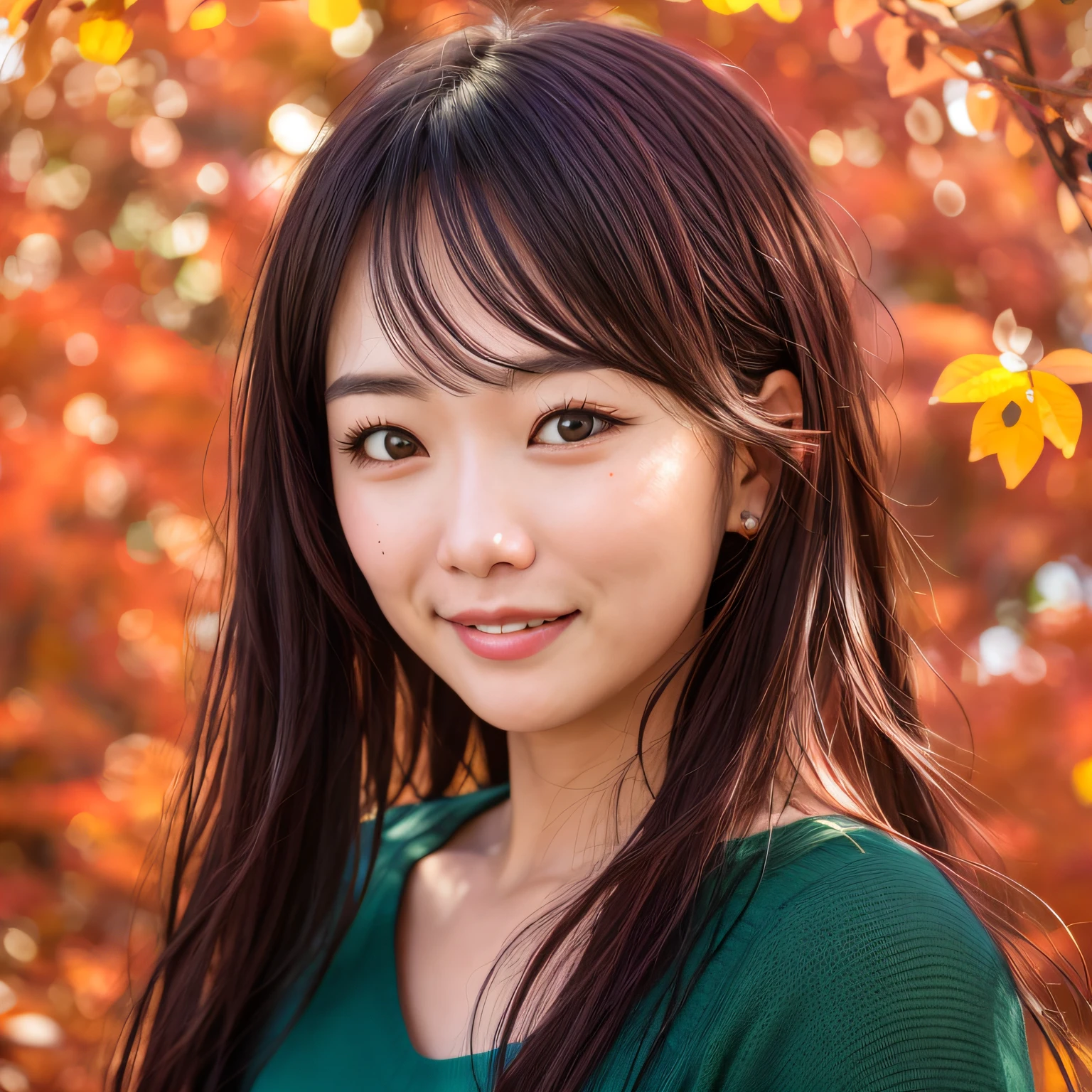 Laughing、A dark-haired、Colored leaves、campus