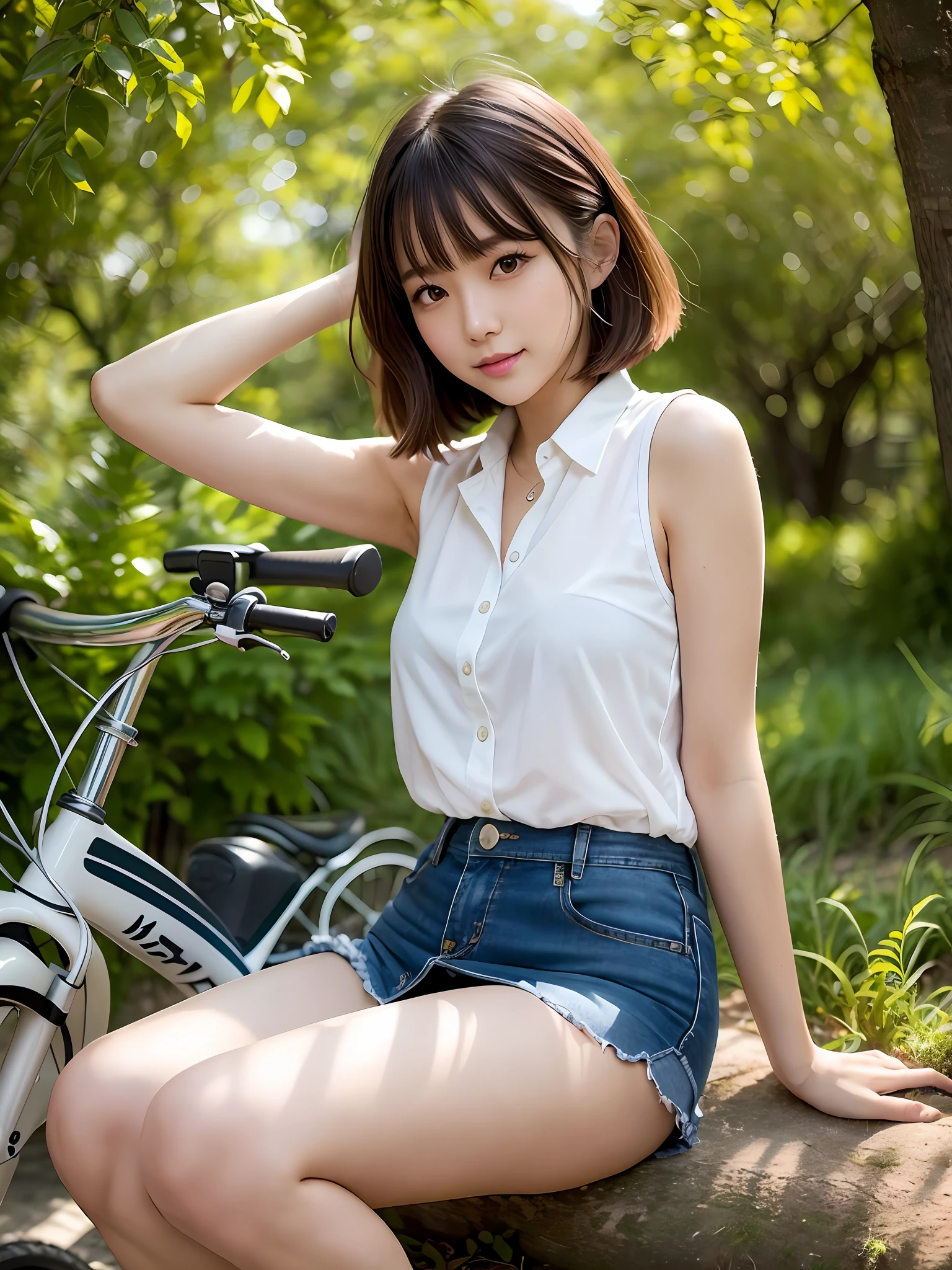 mastepiece, 1 girl per 1 photo, full body shot, direct front view, a Japanese young pretty girl, long bob hairstyle, taking a rest under a tree, lean against a tree and take a nap, smiling with close eyes, a bicycle beside her, summer sunshine, glamorous figure, wearing a sleeveless shiny satin white blouse with collared, wearing a denim skirt, wearing sandals, hyper cute face, glossy lips, double eyelids for both eyes, natural makeup, shiny smooth light brown hair of long bob hair, asymmetrical bangs, tanned skin, central image, 8K resolution, high detail, detailed hairstyle, detailed face, cinematic lighting, octane rendering, hyper realistic, perfect limbs, perfect anatomy