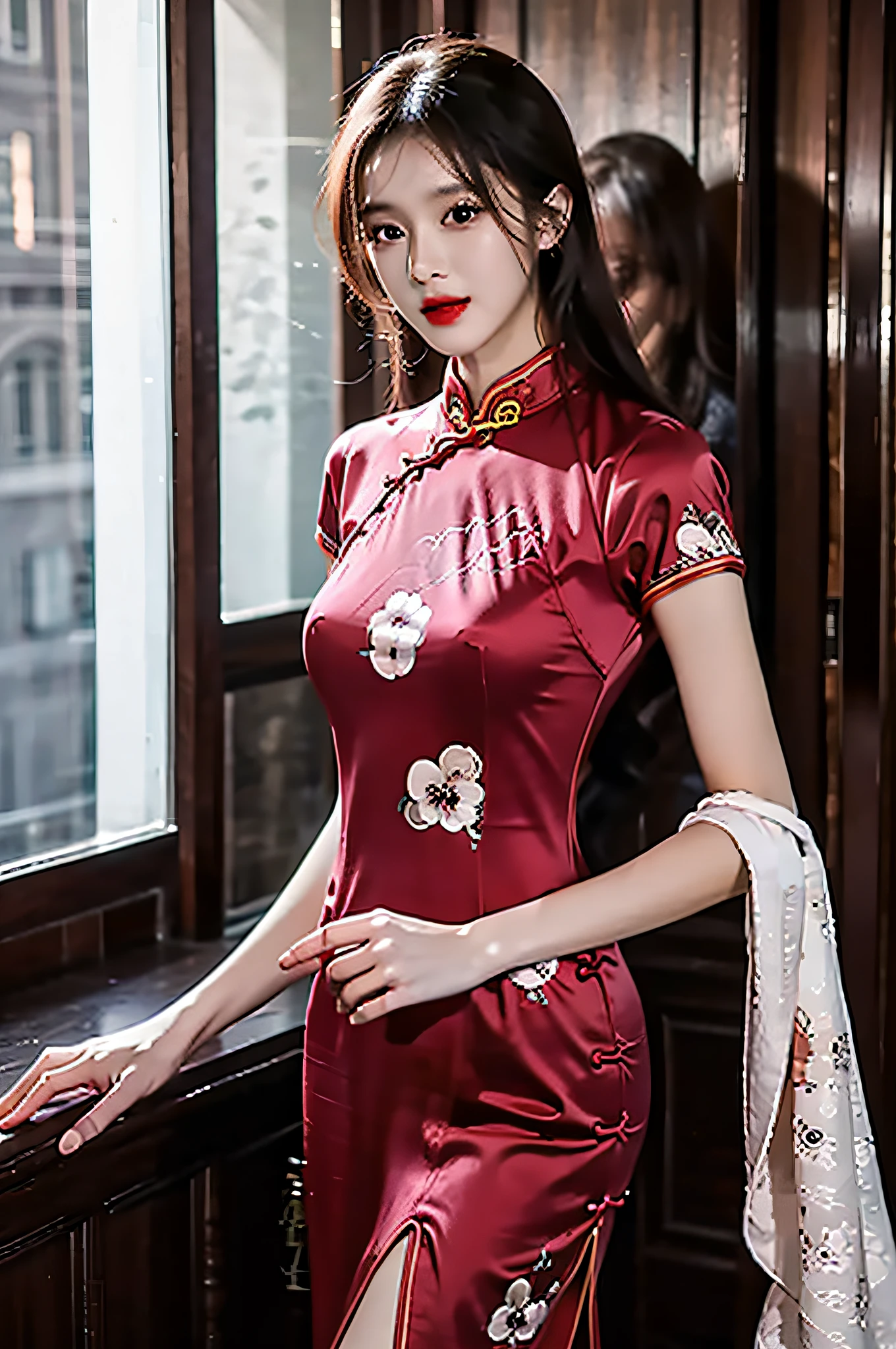 (Hyperrealistic,)4K,35mm,hyper-high detail, Professional lighting, Best quality, Ultra-high resolution, Visually stunning, (1girll:1.3), National style cheongsam,,realskin,(Perfect body 1.3)