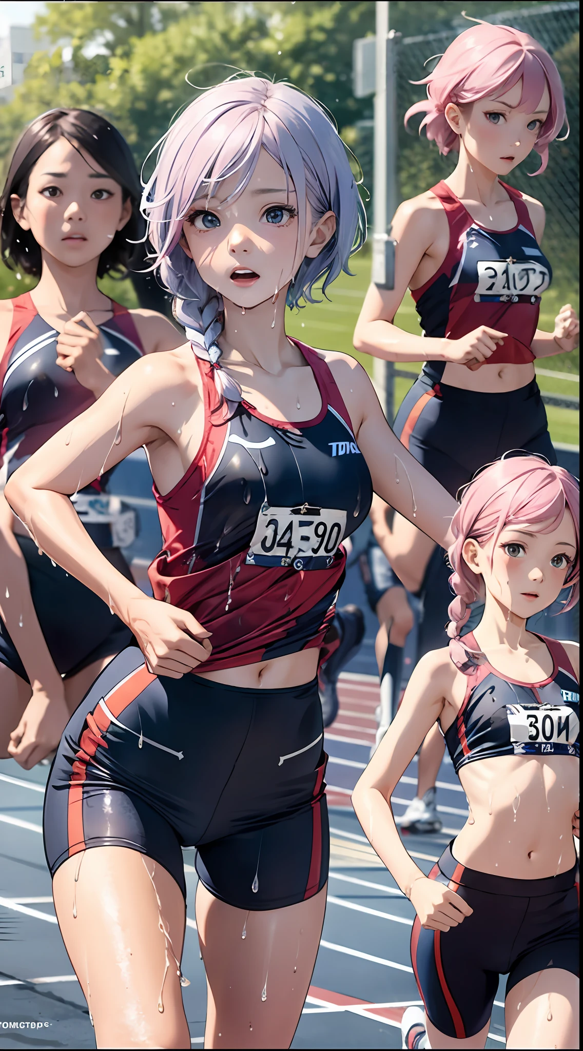 masterpiece, best quality, high resolution, ultra-detailed,,perfect face,slender perfect body, Tight belly,Toned buttocks,Constricted waist,1girl, ****,(pink:-1.5) (blue:-1.5) hair, (braided short hair), shy daughter, short stature, small tits,(flom track and field), (running wear),(((running))), small tits, (((no topps))),(((stand up long,hairless short pants spats show off, short pants spats,focus, looking at viewer, (wet:1.2) hair and skin, detailed