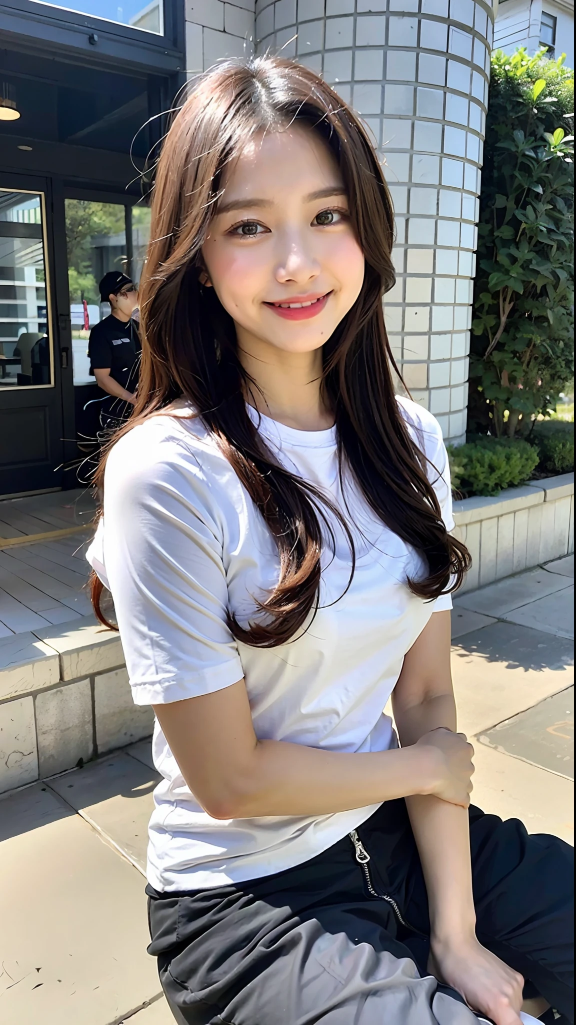 (top-quality、8K、32K、​masterpiece、nffsw:1.2)、Cute Japan pictures of married girls、18year old、A smile、beauitful face、(Slouched:1.3)、crouching down、(From  above:1.2)、(a closeup:1.4)、POV、Loose-fitting T-shirt、large full breasts、(beautiful nipple slips:0.9)、outside of house、the wind、shinny skin、blurry backround、