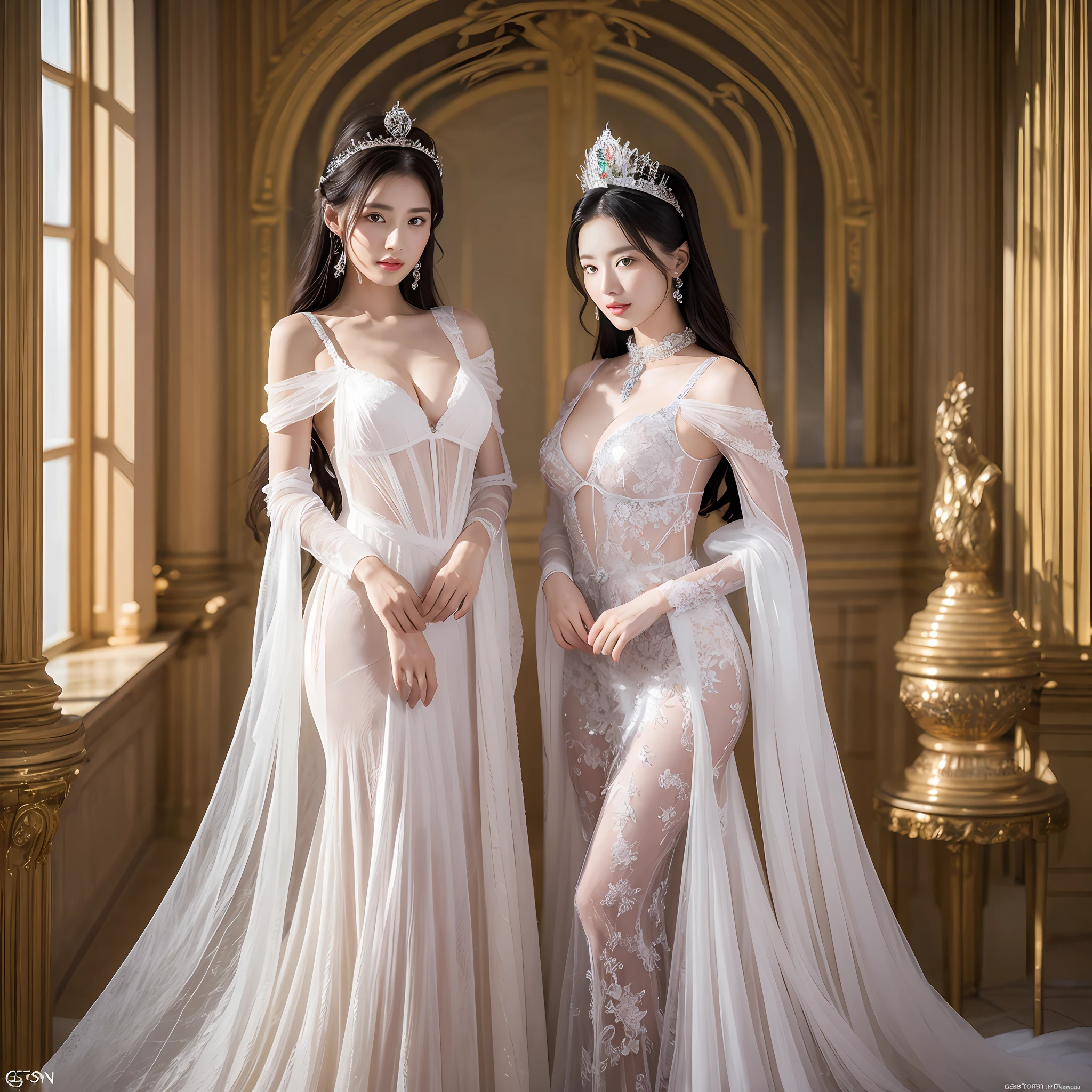 Two Asian women in white dresses posing for photo, a beautiful fantasy empress, queen and ruler of the universe, Trending on CGSTATION, wlop and sakimichan, trending at cgstation, ((a beautiful fantasy empress)), royal elegant pose, rendering of beauty pageant, posing together in bra, two models in the frame, goddess queen