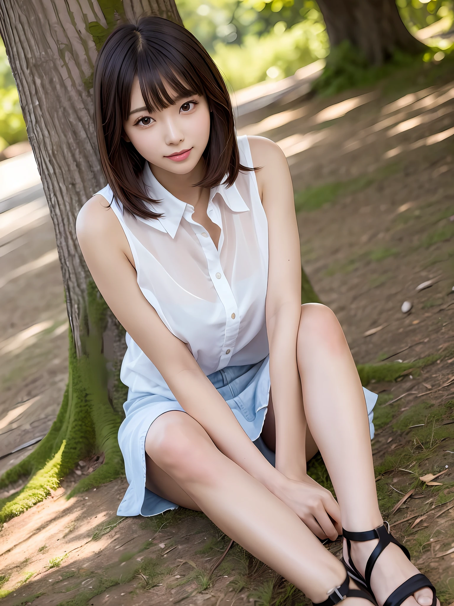 mastepiece, 1 girl per 1 photo, full body shot, direct front view, a Japanese young pretty girl, long bob hairstyle, taking a rest under a tree, lean against a tree and take a nap, smiling with close eyes, a bicycle beside her, summer sunshine, glamorous figure, wearing a sleeveless shiny satin white blouse with collared, wearing a denim skirt, wearing sandals, hyper cute face, glossy lips, double eyelids for both eyes, natural makeup, shiny smooth light brown hair of long bob hair, asymmetrical bangs, tanned skin, central image, 8K resolution, high detail, detailed hairstyle, detailed face, cinematic lighting, octane rendering, hyper realistic, perfect limbs, perfect anatomy