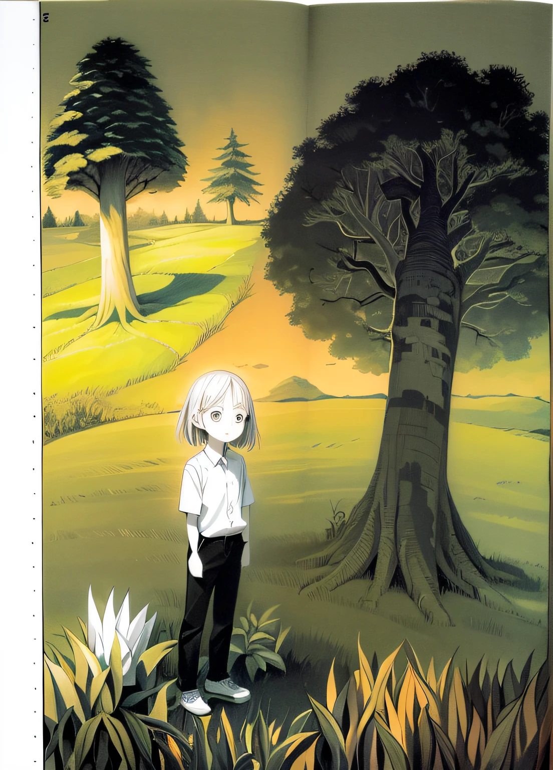Draw a girl standing in front of a tree in a field, black and white manga page, pencil and ink manga, punpun onodera, Manga illustration, black and white manga panel, full page illustration, Floor plan about the《Ishida art manga》, with a tall tree, comic page, Black and white comics, full page illustration, Black and white comics, comic drawing