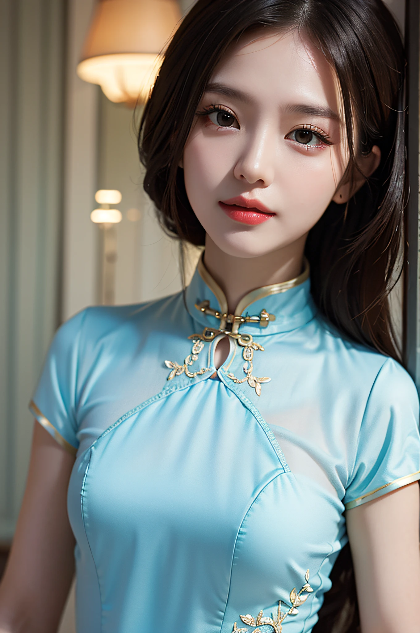 (Hyperrealistic,)4K,35mm,hyper-high detail, Professional lighting, Best quality, Ultra-high resolution, Visually stunning, (1girll:1.3), National style cheongsam,,realskin,(Perfect body 1.3)Ultra-fine face。