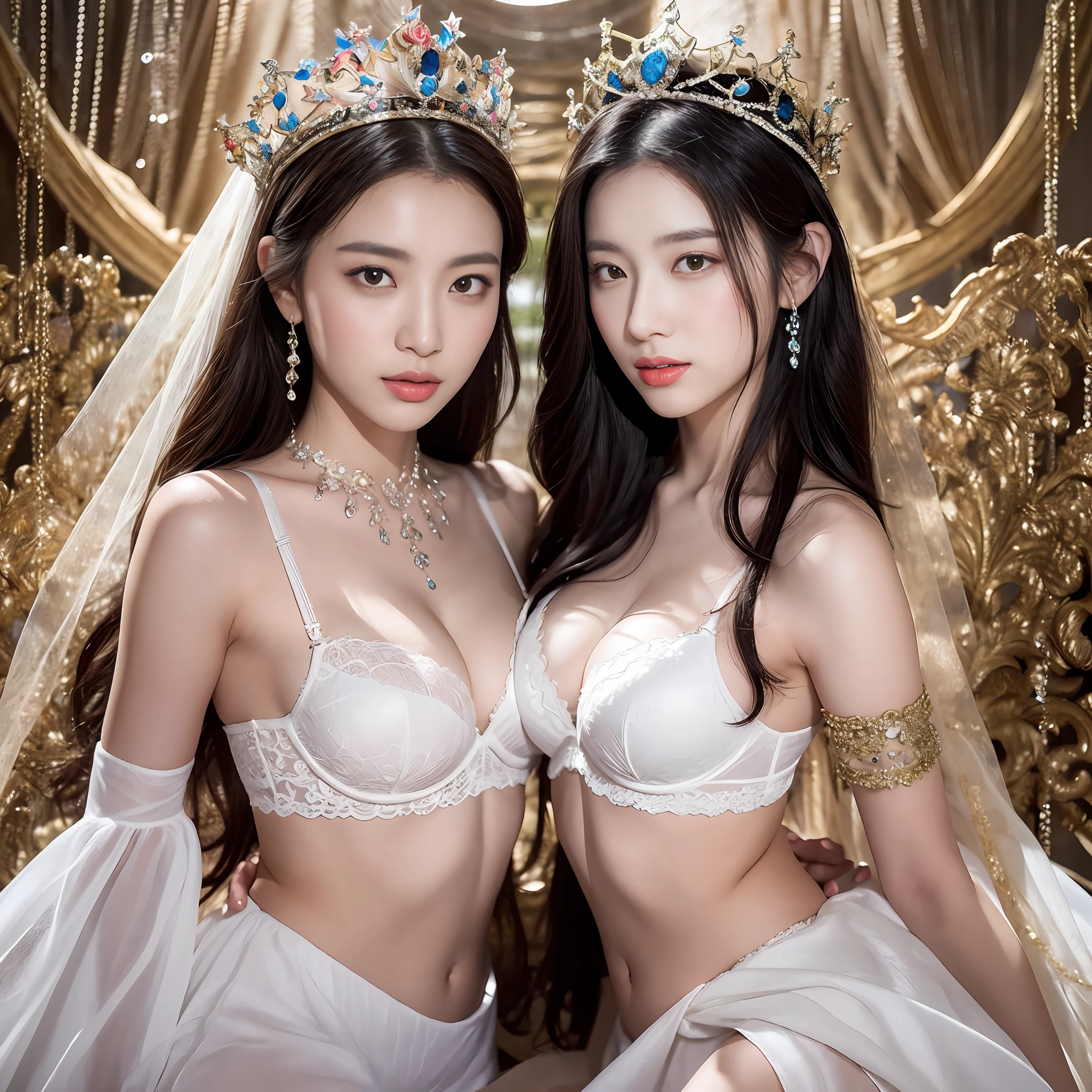 Two Asian women in white dresses posing for photo, a beautiful fantasy empress, queen and ruler of the universe, Trending on CGSTATION, wlop and sakimichan, trending at cgstation, ((a beautiful fantasy empress)), royal elegant pose, rendering of beauty pageant, posing together in bra, two models in the frame, goddess queen