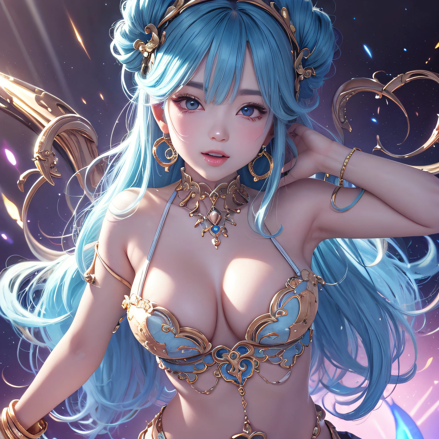 Light blue hair, hair bobbles, full body Esbian,sexy pose,Exposing the skin, longeyelashes, Solid Circle Eyes, ssmile, tusk, star-shaped pupils, Heart Earrings, Mouth hold, surrealism, drop shadow, anaglyph, stereograms, Tachi-e, POV, Atmospheric perspective, Rococo style, 8K, Super Detail, ccurate, Best Quality, nffsw