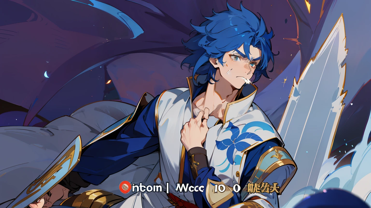 Naotora is tall, muscular guy, with short pointed blue hair,,,, Like the ears of the beast,, And golden eyes. He has a scar on his left cheek. He wears what looks like a white cloak and light blue traditional samurai armor.
