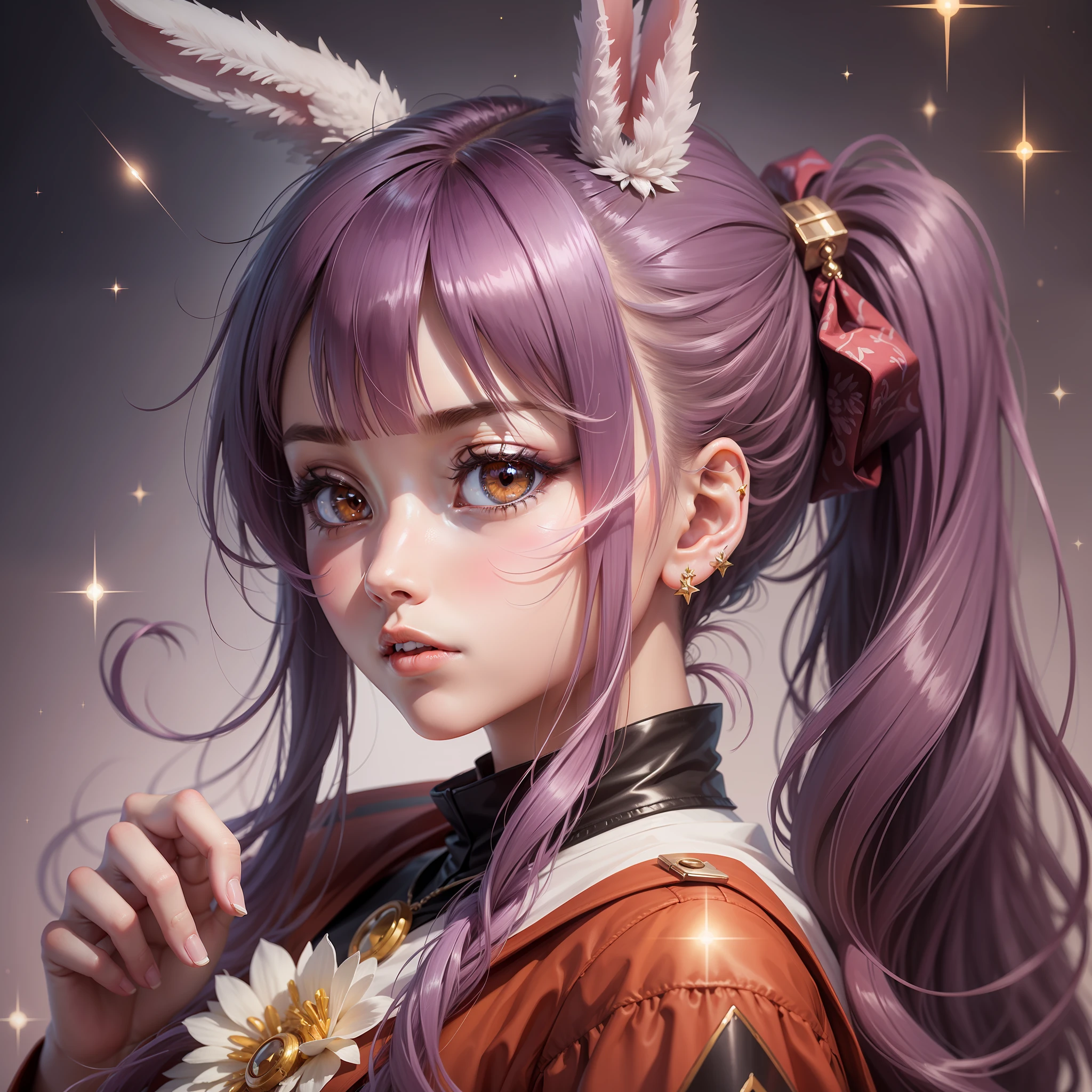 bangs, long hair, ponytail, twintails, rabbit ears, crescent earrings, sparkle, anime style, 16k